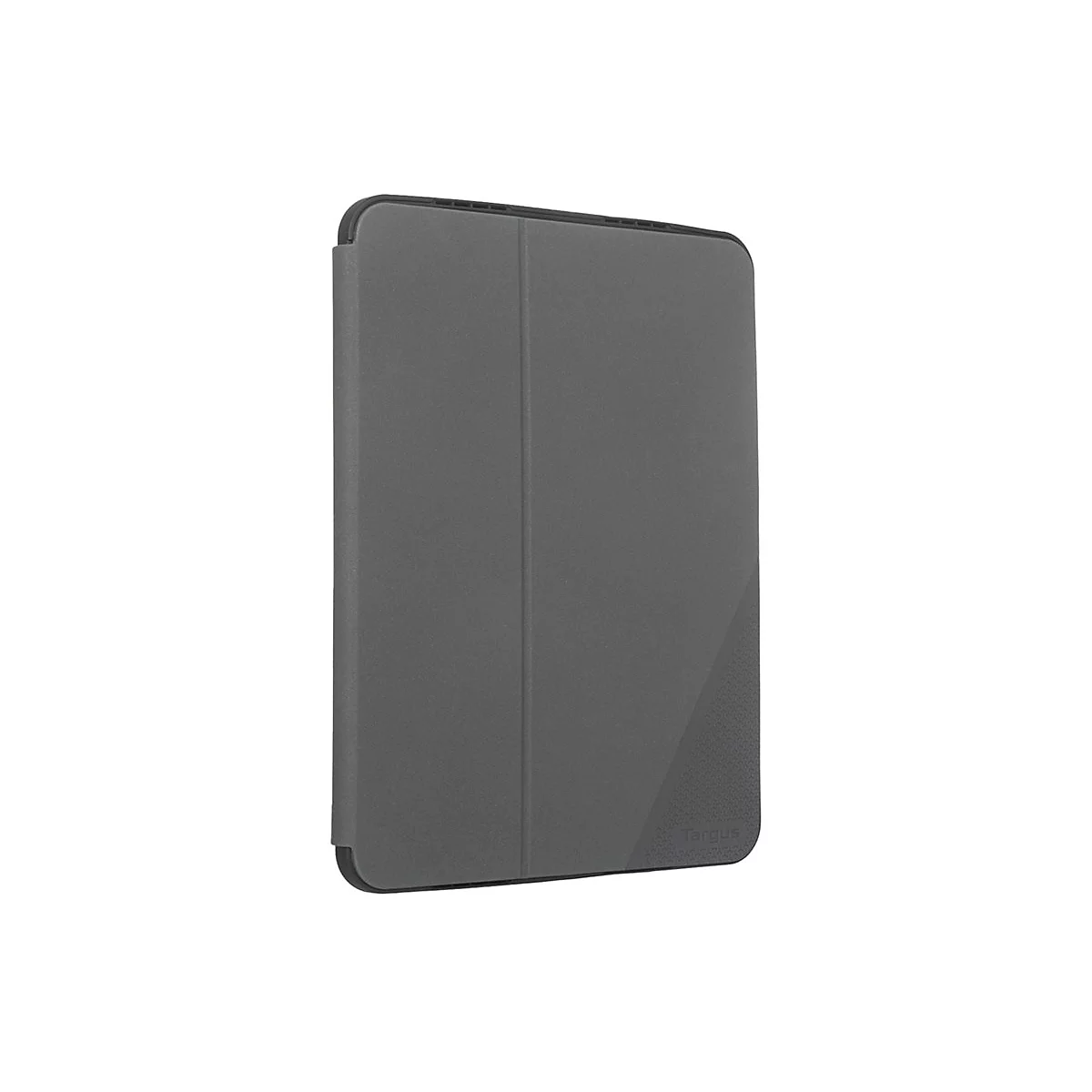 Graue Tablet-Hülle mit Targus-Logo. Auf der rechten Seite eine Struktur mit kleinen Quadraten.