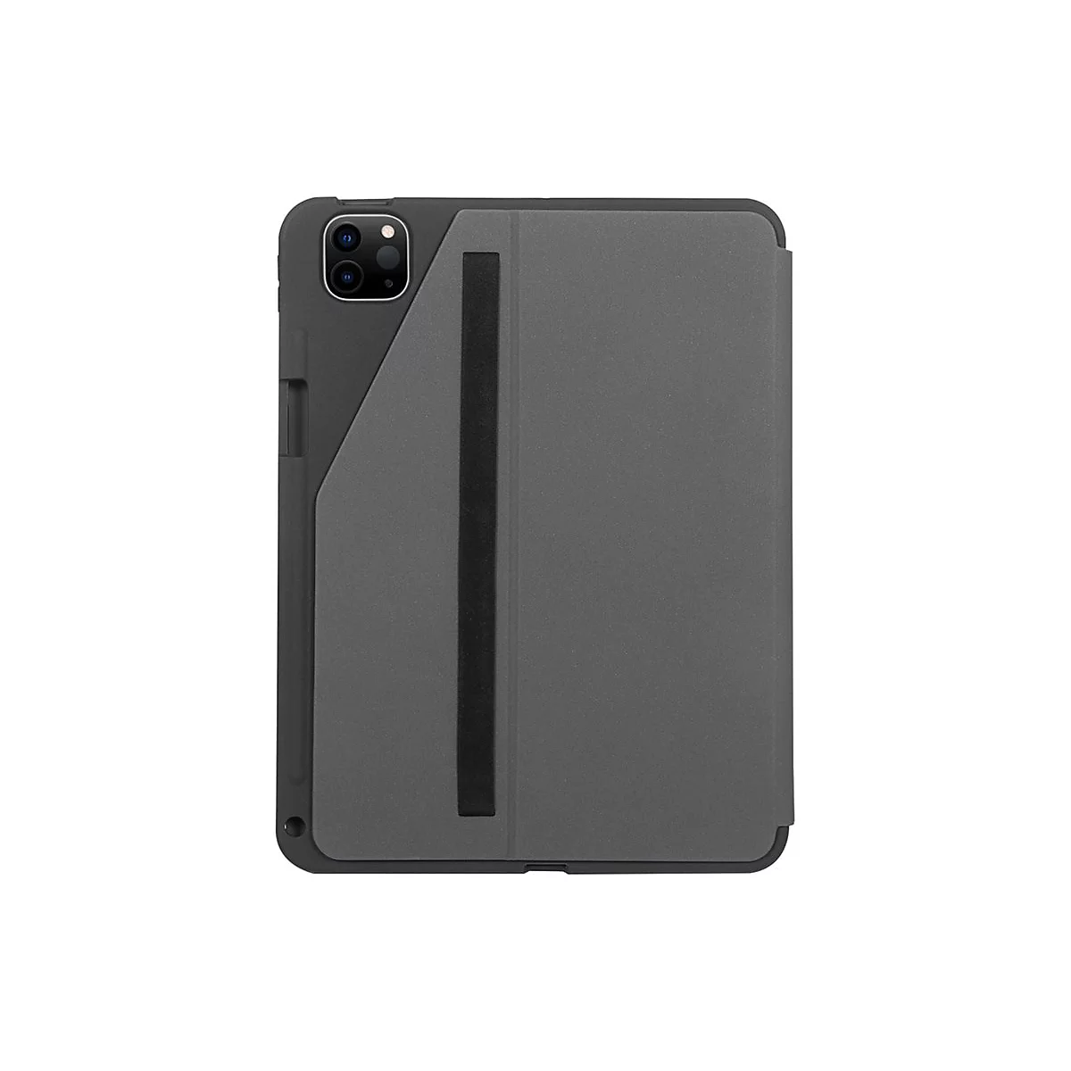 Graue iPad-Hülle mit Magnetverschluss. Die Kamera ist sichtbar.