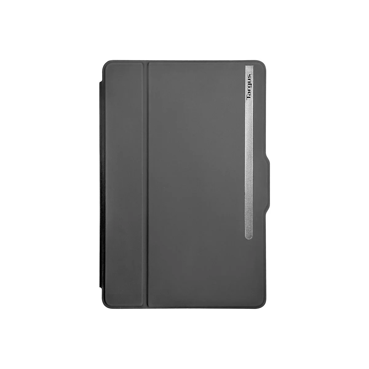 Dunkelgraue Tablet-Hülle mit Targus-Logo und silbernem Streifen.