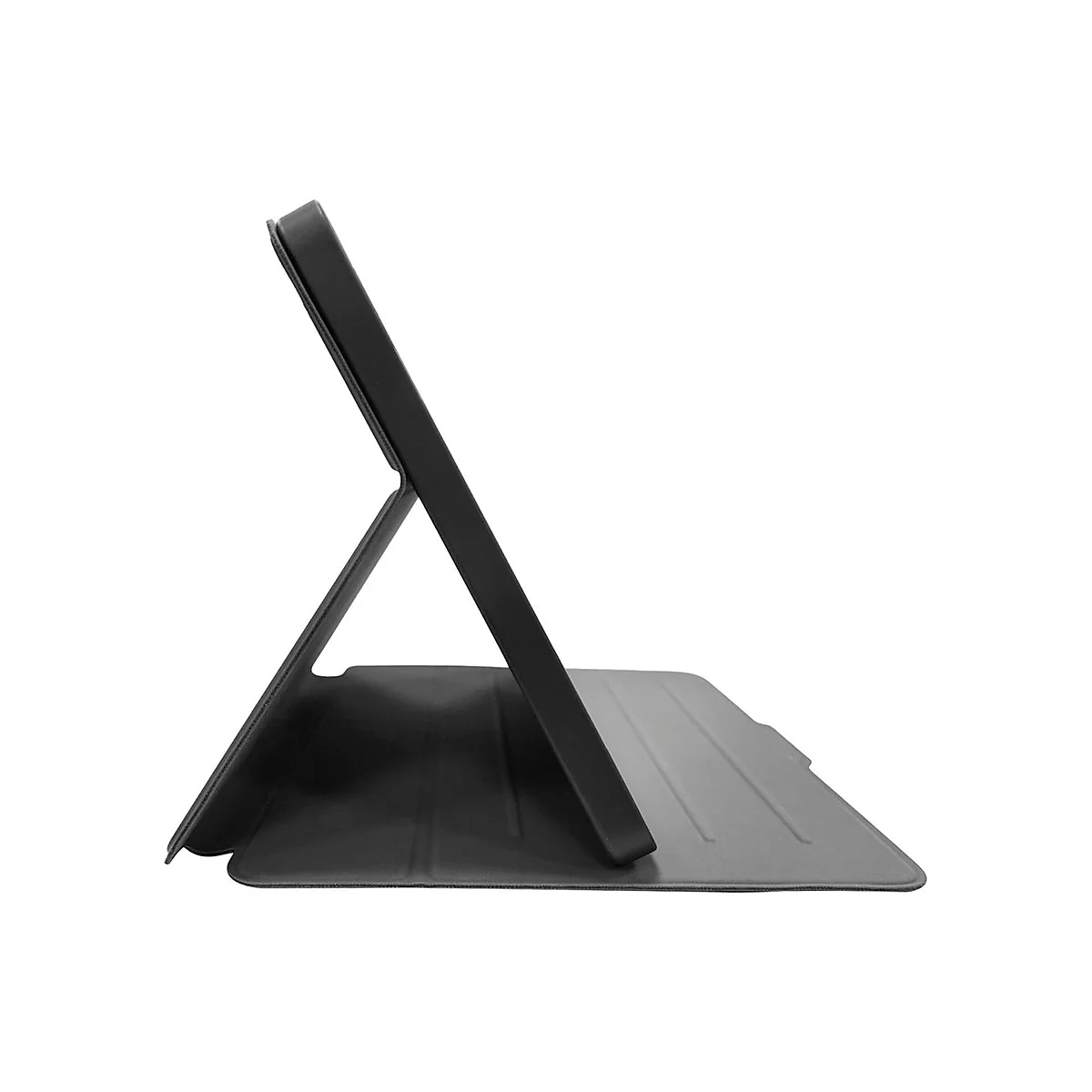 Schwarze Tablet-Hülle, die im Profil aufgestellt ist. Der Deckel wird durch eine dreieckige Stütze gehalten.