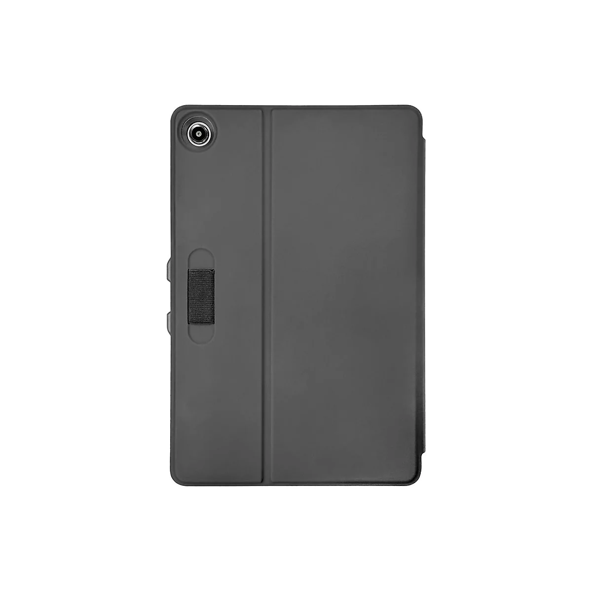 Dunkelgraue Tablet-Hülle mit Kamera und Haltegurt, vor weißem Hintergrund.