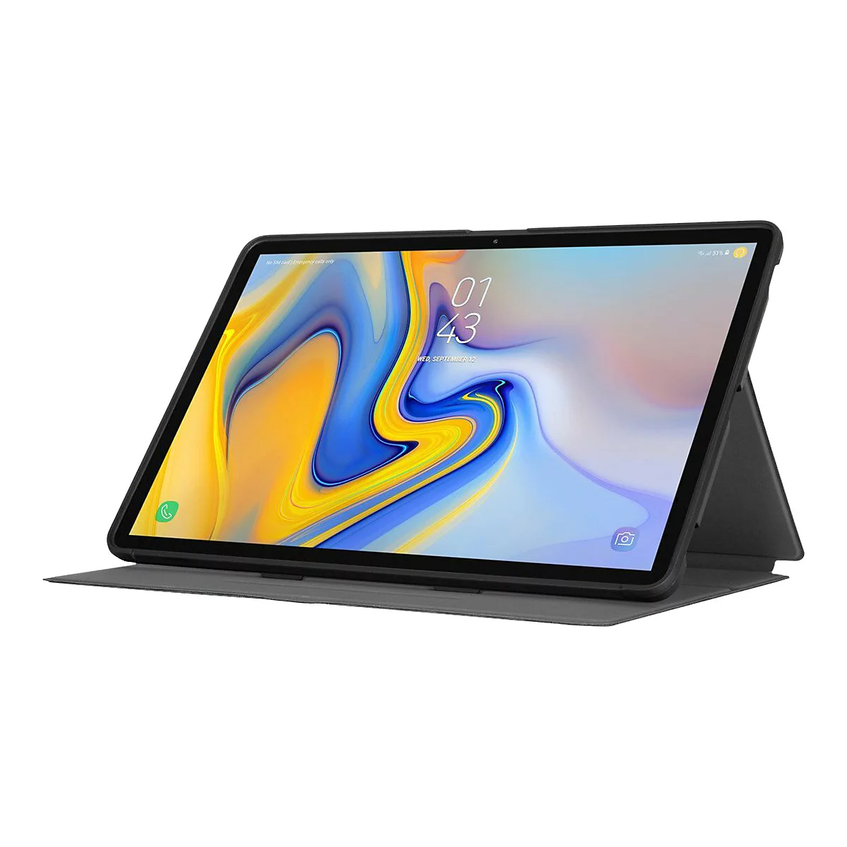 Schwarzes Tablet mit Schutzhülle im Querformat vor weißem Hintergrund mit abstraktem Hintergrundbild.