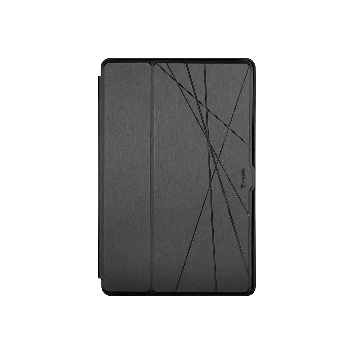 Schwarzes Tablet-Case mit geometrischen Linienmuster und Logo.