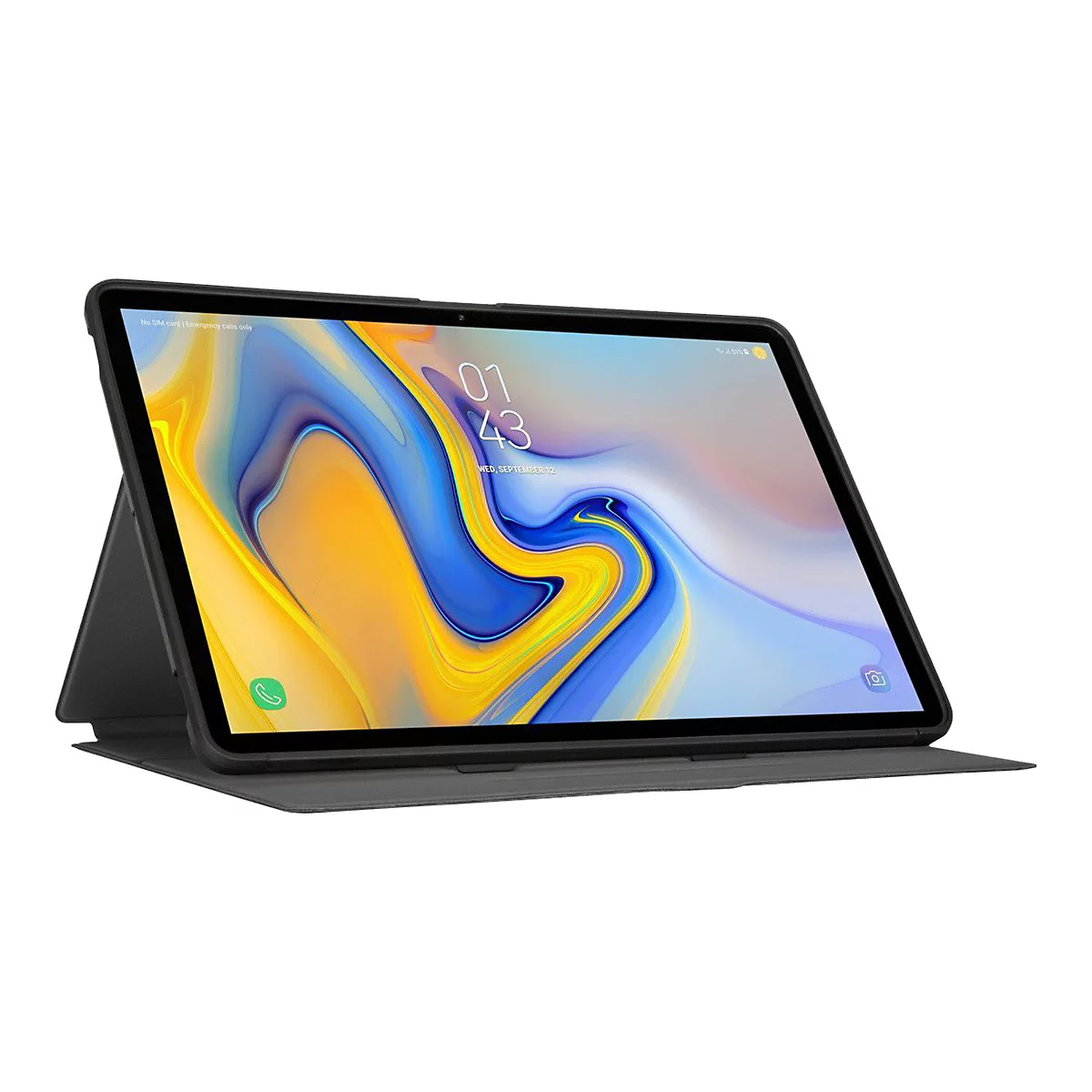 Ein schwarzes Tablet in einer Schutzhülle, schräg vor weißem Hintergrund. Das Display zeigt ein buntes Wellendesign.