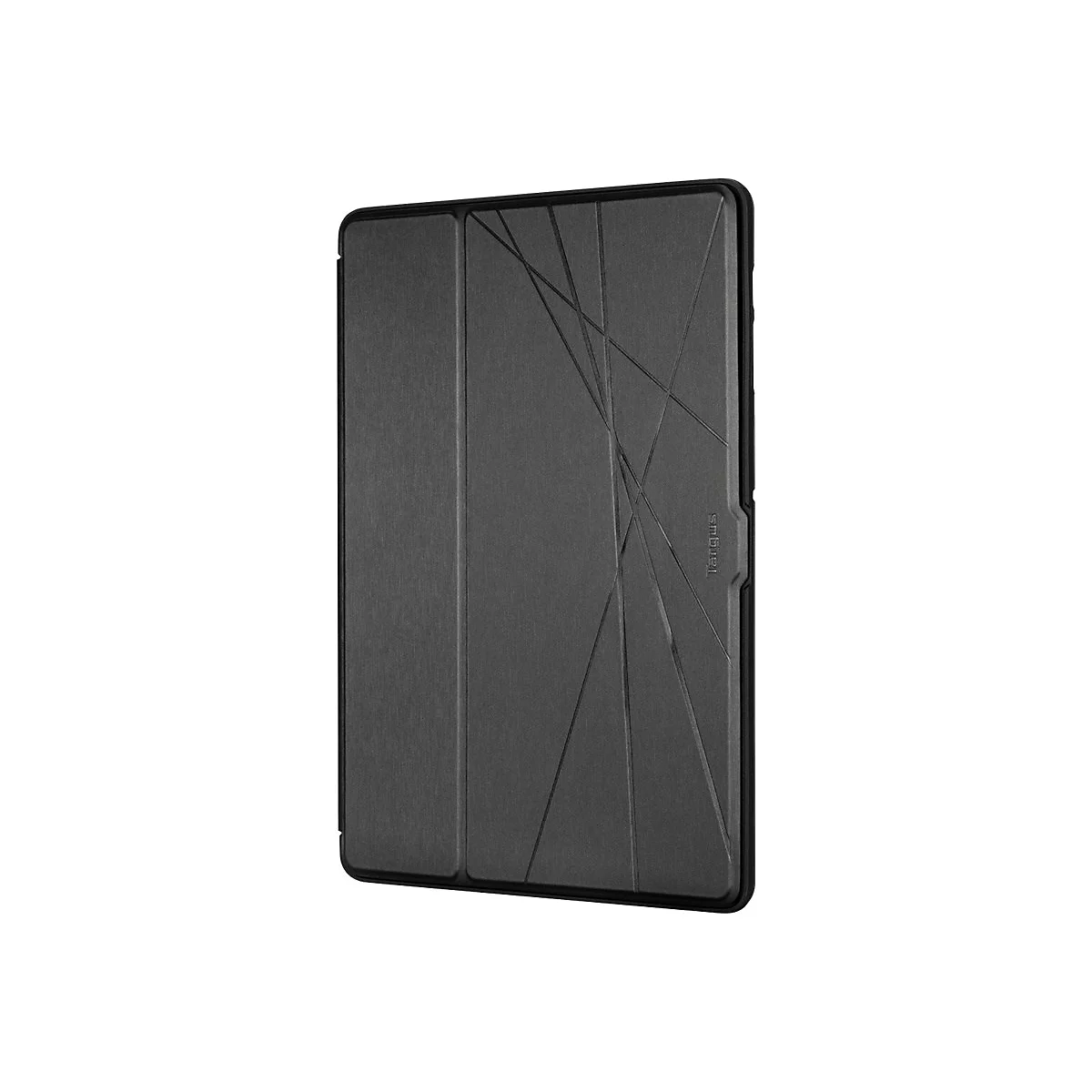Schwarze Tablet-Hülle mit Faltdesign und diagonaler Linienstruktur. Der Markenname Targus ist am Rand zu sehen.