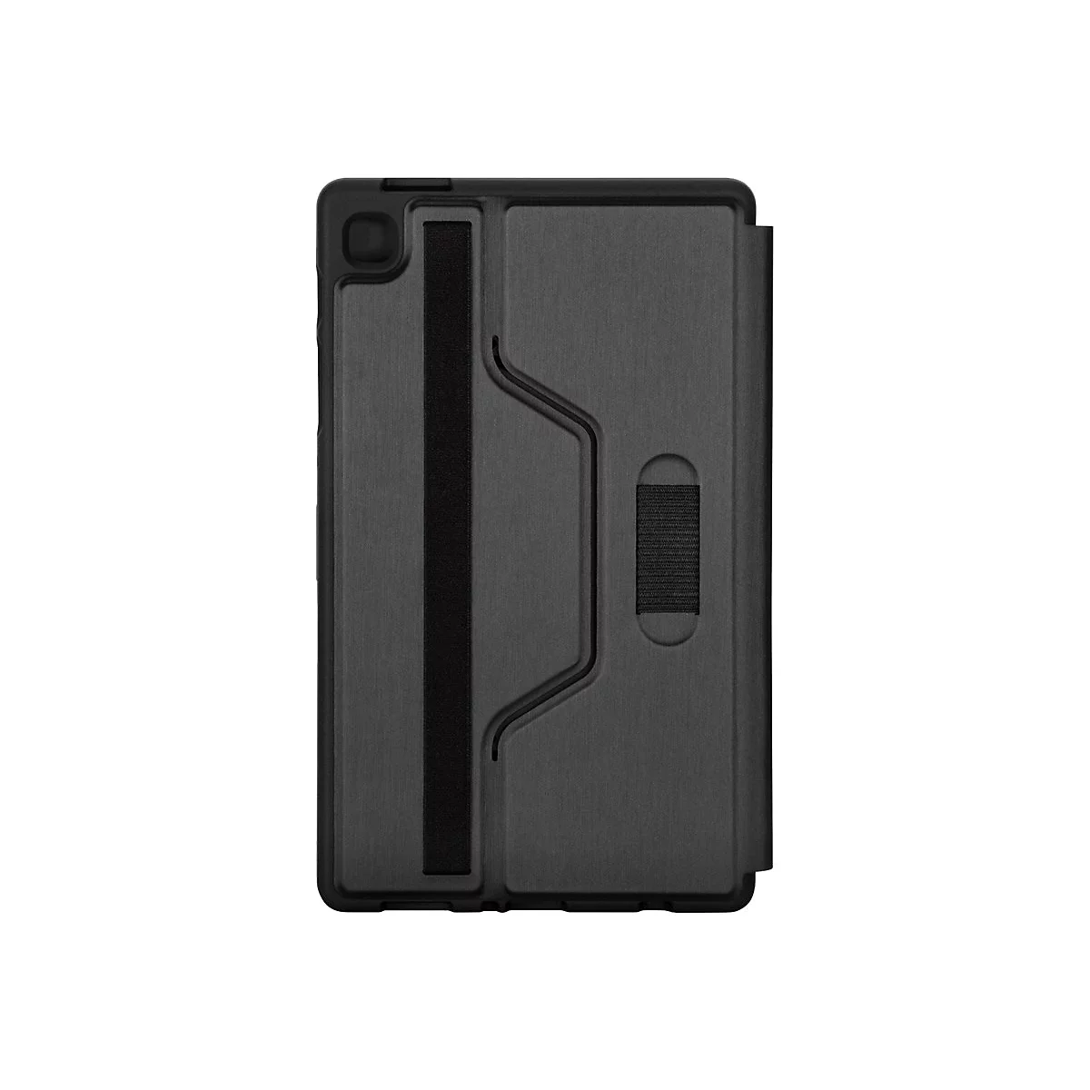 Schwarze Tablet-Schutzhülle mit Halteband vor neutralem Hintergrund.