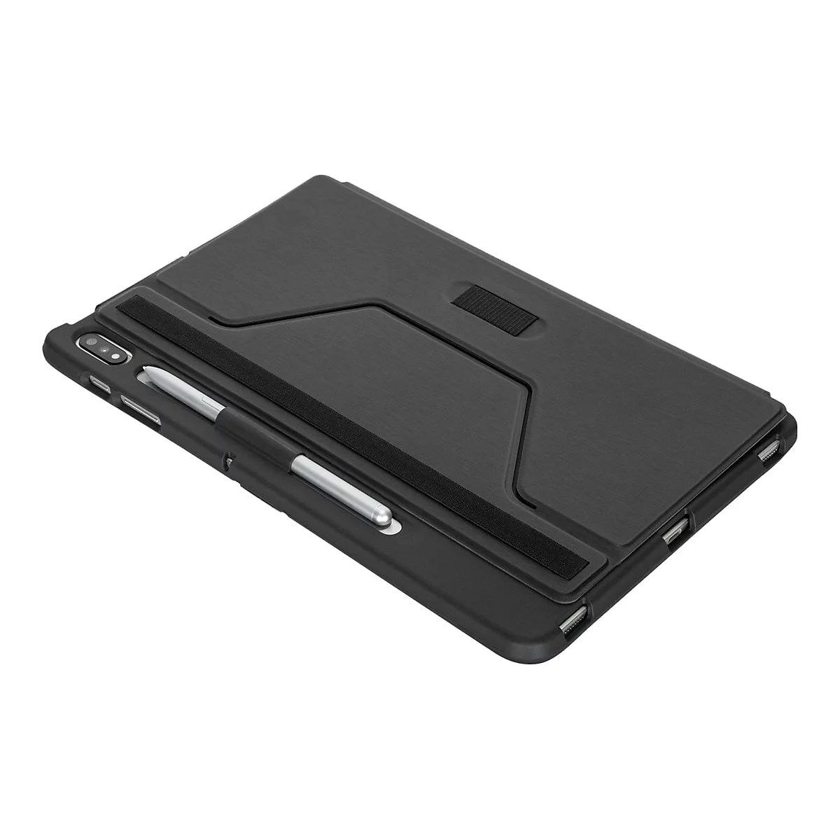 Schwarzes Tablet-Case mit Stifthalterung und Stift. Auf schwarzem Hintergrund.