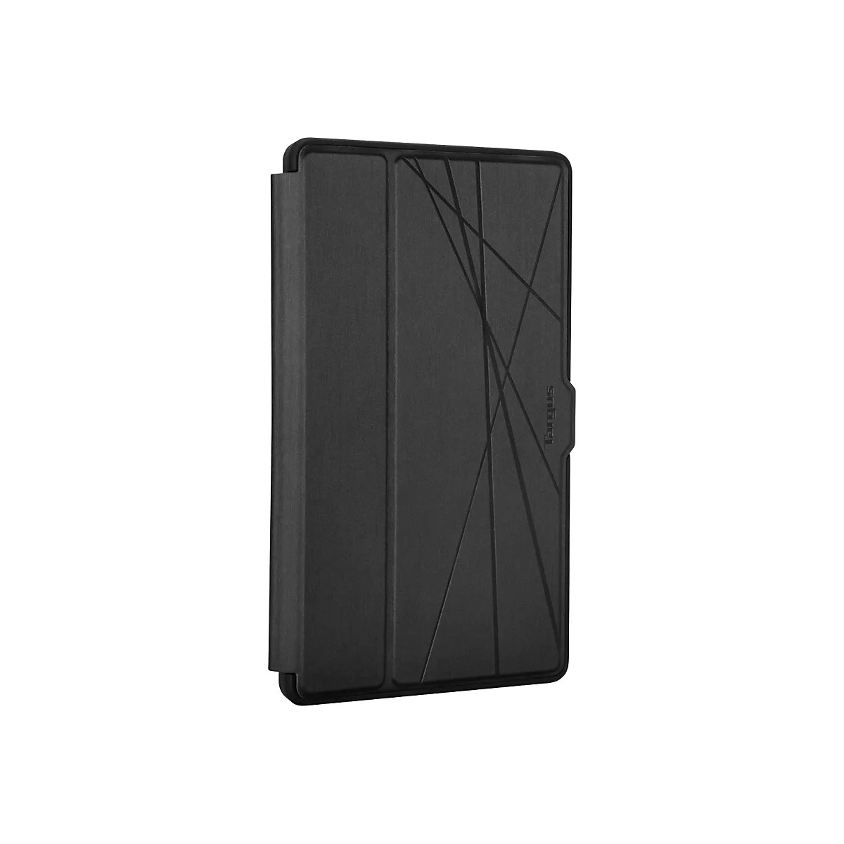 Schwarzes, schmales Tablet-Case von Targus mit geometrischem Linienmuster auf weißem Hintergrund.