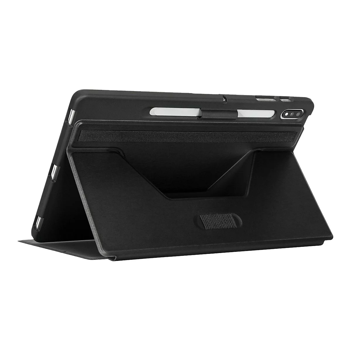 Schwarze Tablet-Schutzhülle in Standfunktion, Rückansicht mit integriertem Stifthalter.