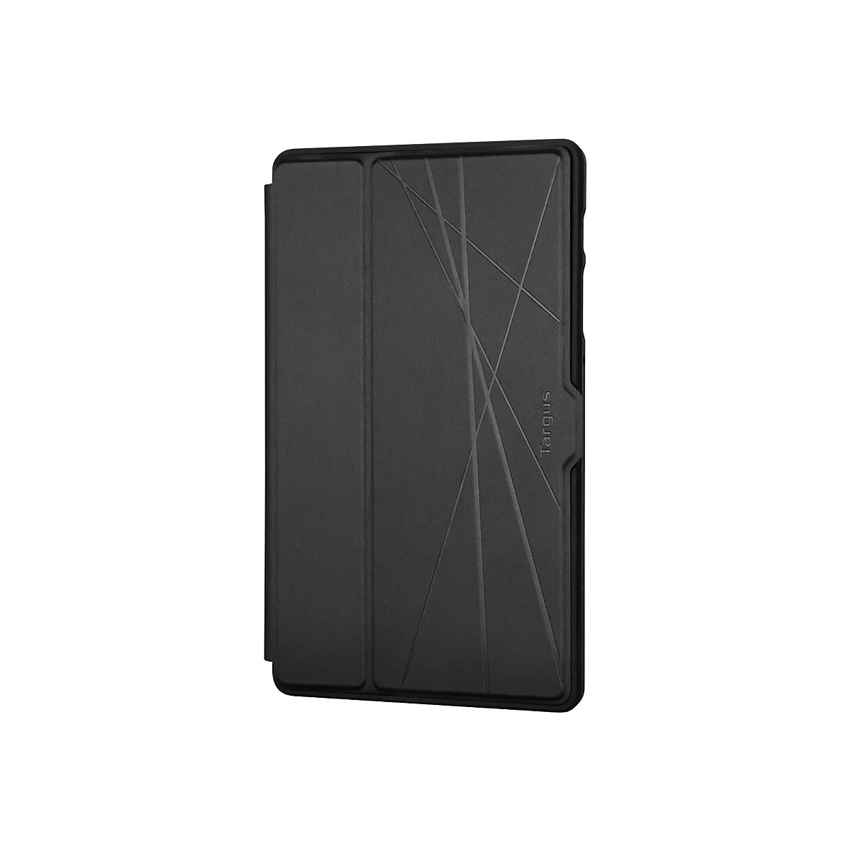 Schwarze, schlanke Targus Tablet-Schutzhülle im geschlossenen Zustand mit grafischem Linienmuster auf der Vorderseite.