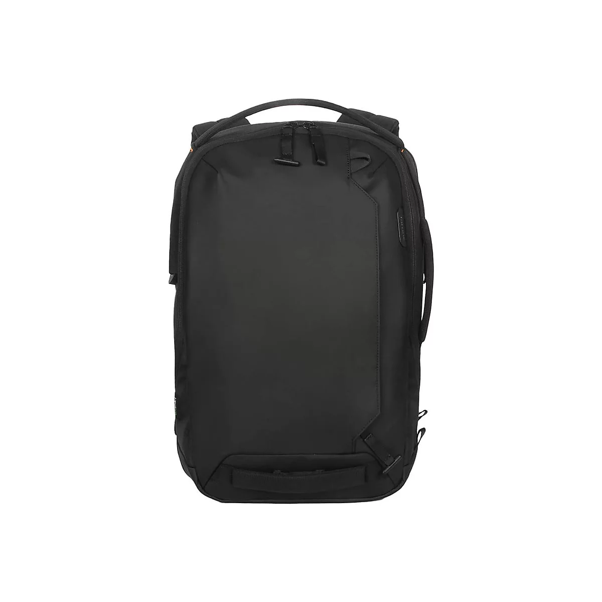 Sac à dos noir avec deux poignées supérieures et une poignée supplémentaire à l'arrière. Poche avant.