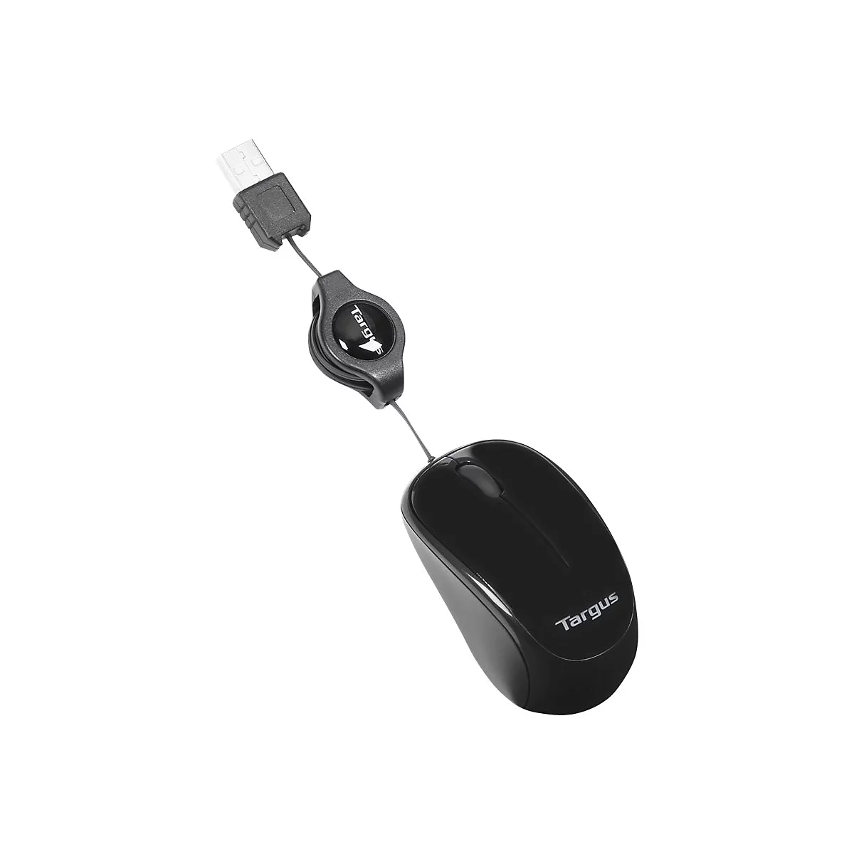 Souris Targus noire avec connexion USB et câble rétractable. La molette et le logo Targus sont visibles.