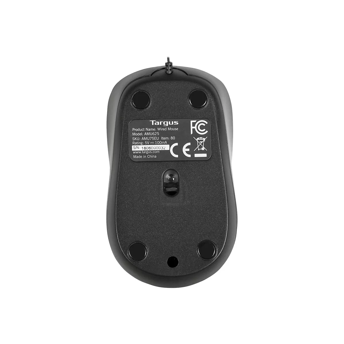 Souris noire vue d'en bas avec informations fabricant et marquage CE.