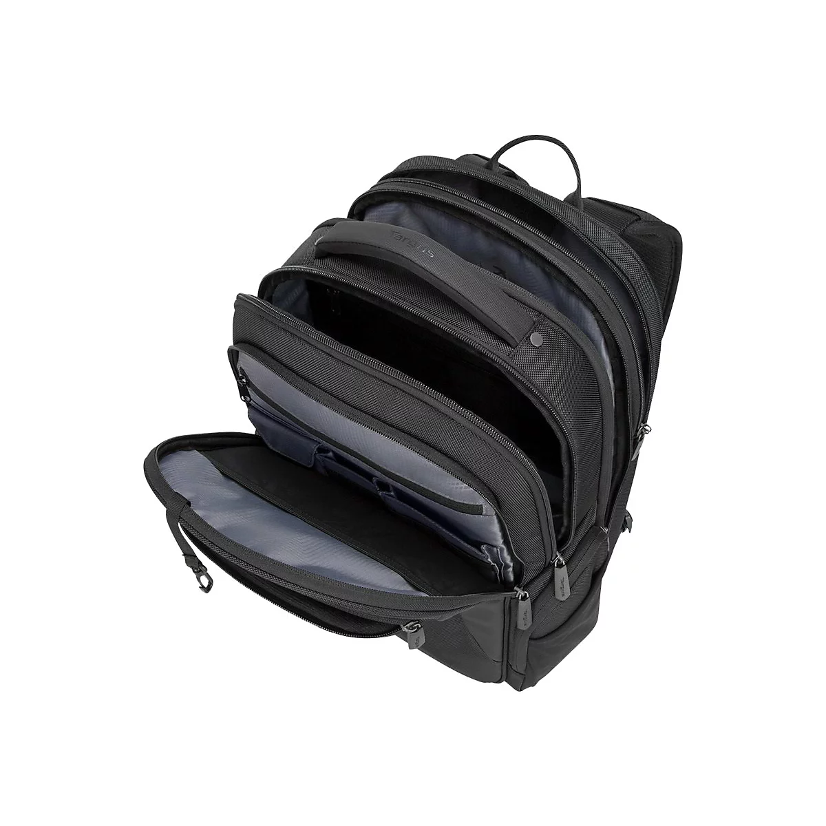Schwarzer Rucksack, geÃ¶ffnet. Mehrere FÃ¤cher, ReiÃŸverschlÃ¼sse und Tragegriff sind sichtbar.