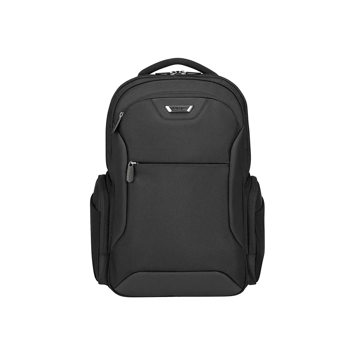 Schwarzer Rucksack mit mehreren ReiÃŸverschlusstaschen und Tragegriff.