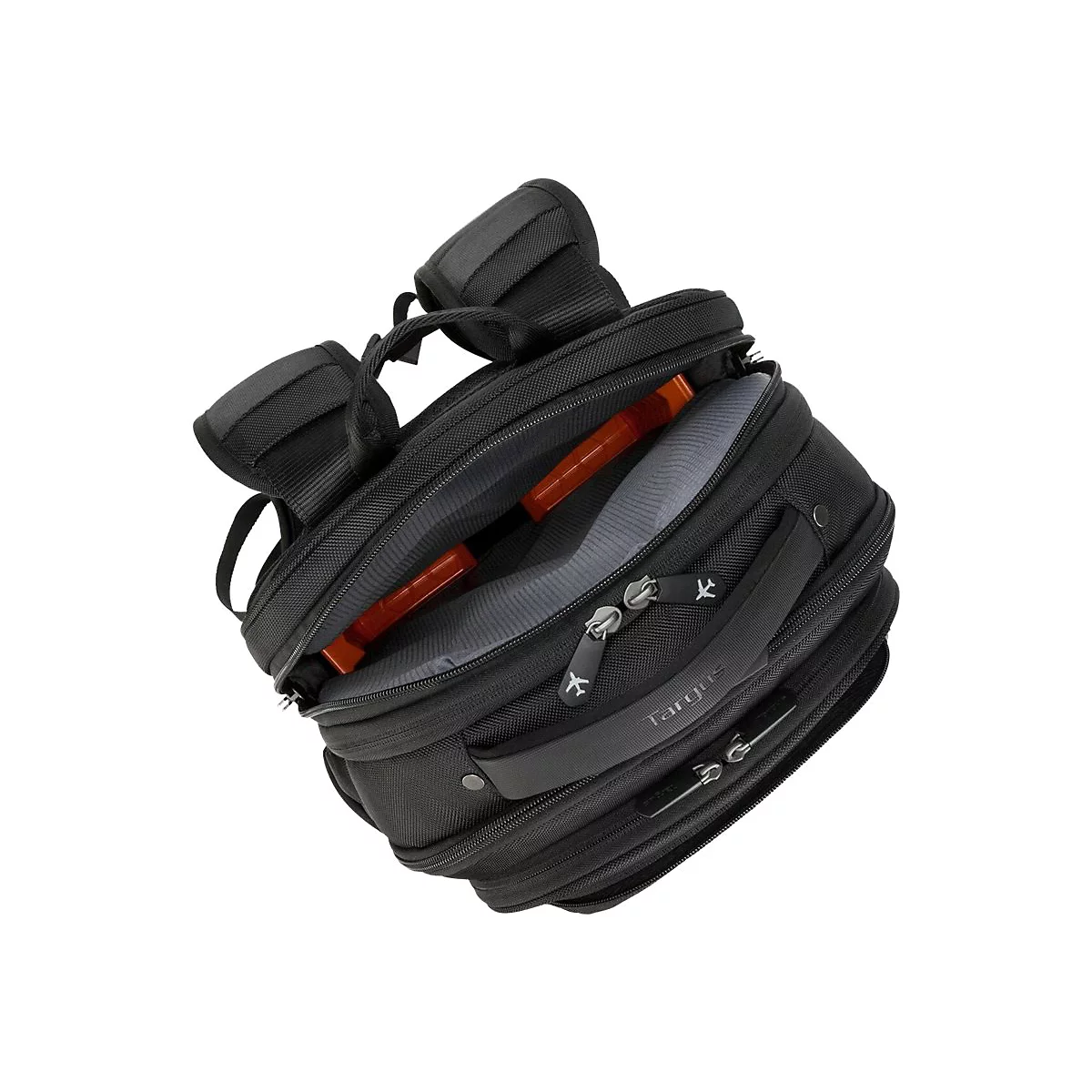 Schwarzer Laptop-Rucksack, der leicht geÃ¶ffnet ist und InnenfÃ¤cher zeigt. Oben sind zwei gepolsterte Schultergurte zu sehen.