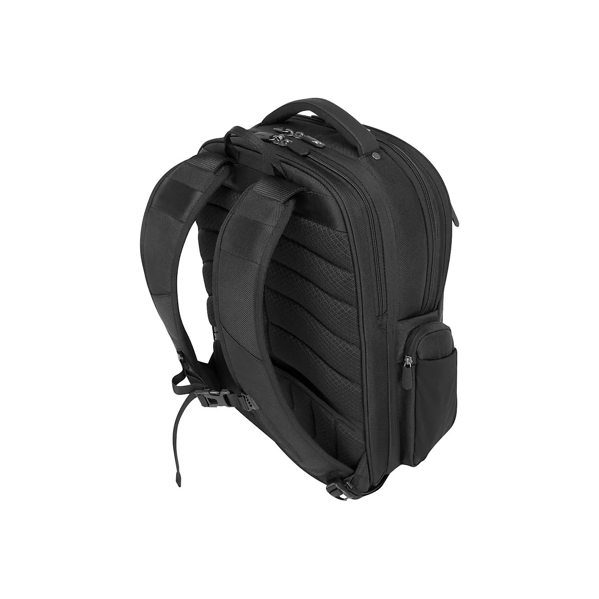 Schwarzer Rucksack, RÃ¼ckenansicht. Gepolsterte TrÃ¤ger, seitliche Tasche, Tragegriff.