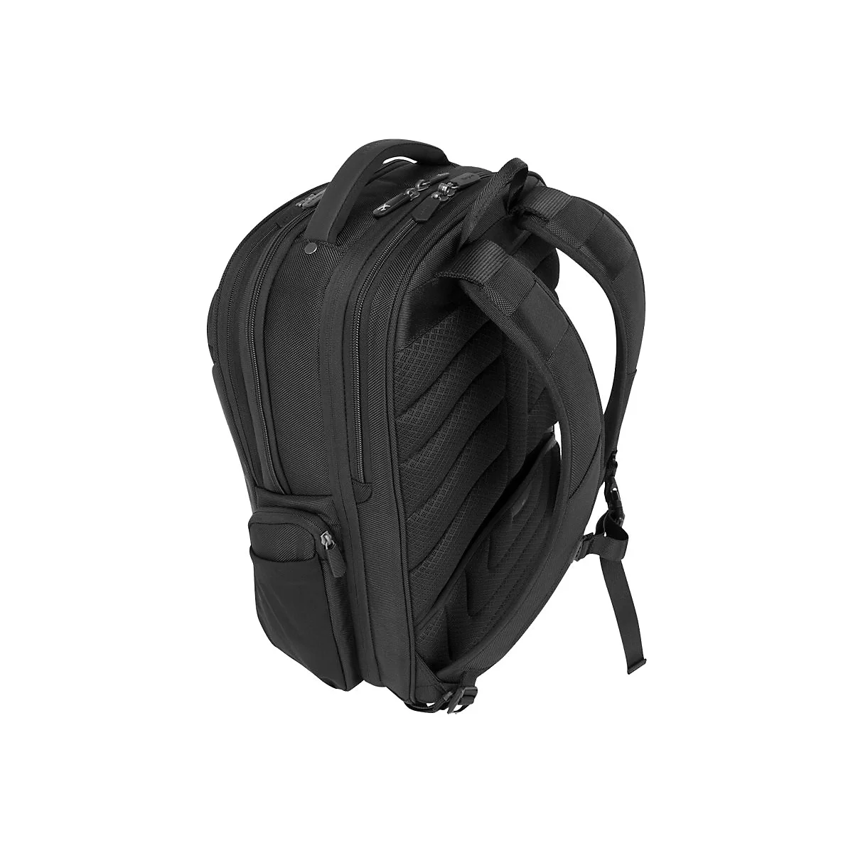 Schwarzer Rucksack, seitlich gesehen, mit gepolsterten TrÃ¤gern und mehreren FÃ¤chern. Das Design ist modern und funktional.