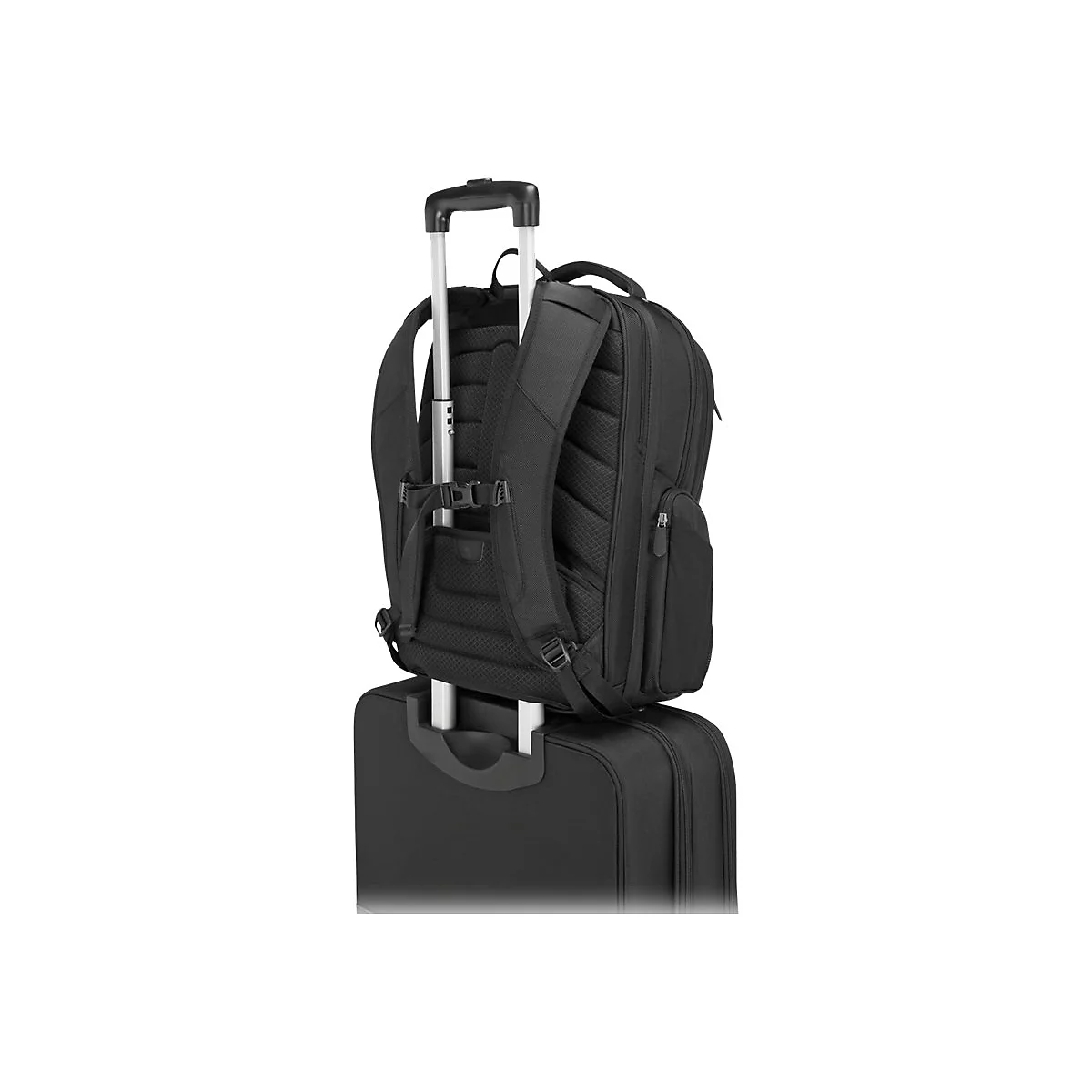 Schwarzer Rucksack auf Rollkoffer, verbunden durch Teleskopgriff. Hintergrund weiÃŸ.