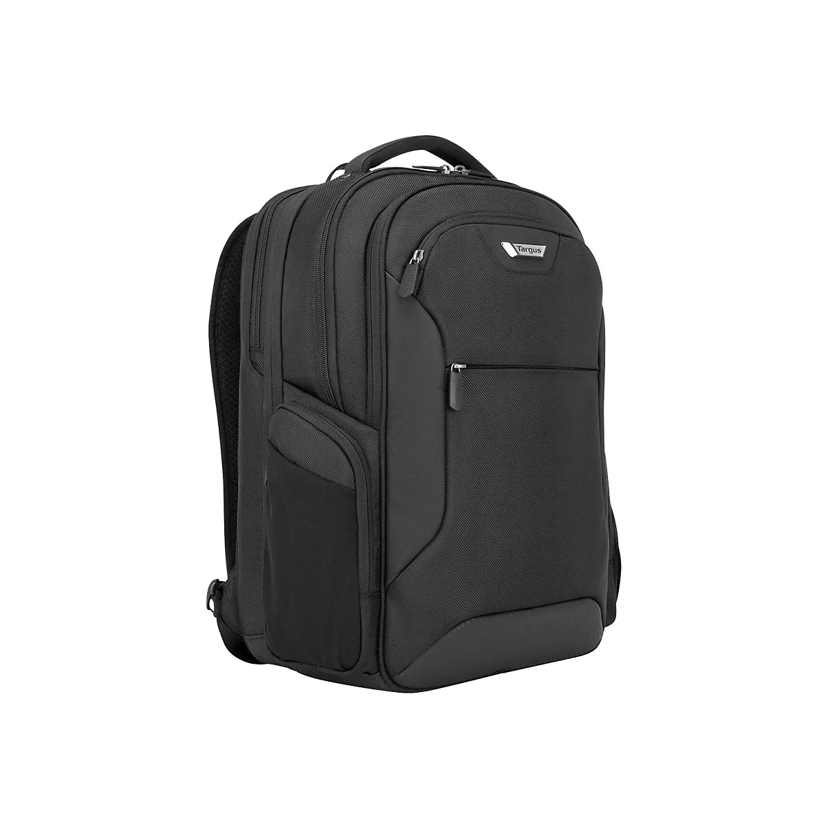 Schwarzer Rucksack auf weiÃŸem Hintergrund. Das Produkt hat mehrere FÃ¤cher und einen Griff.