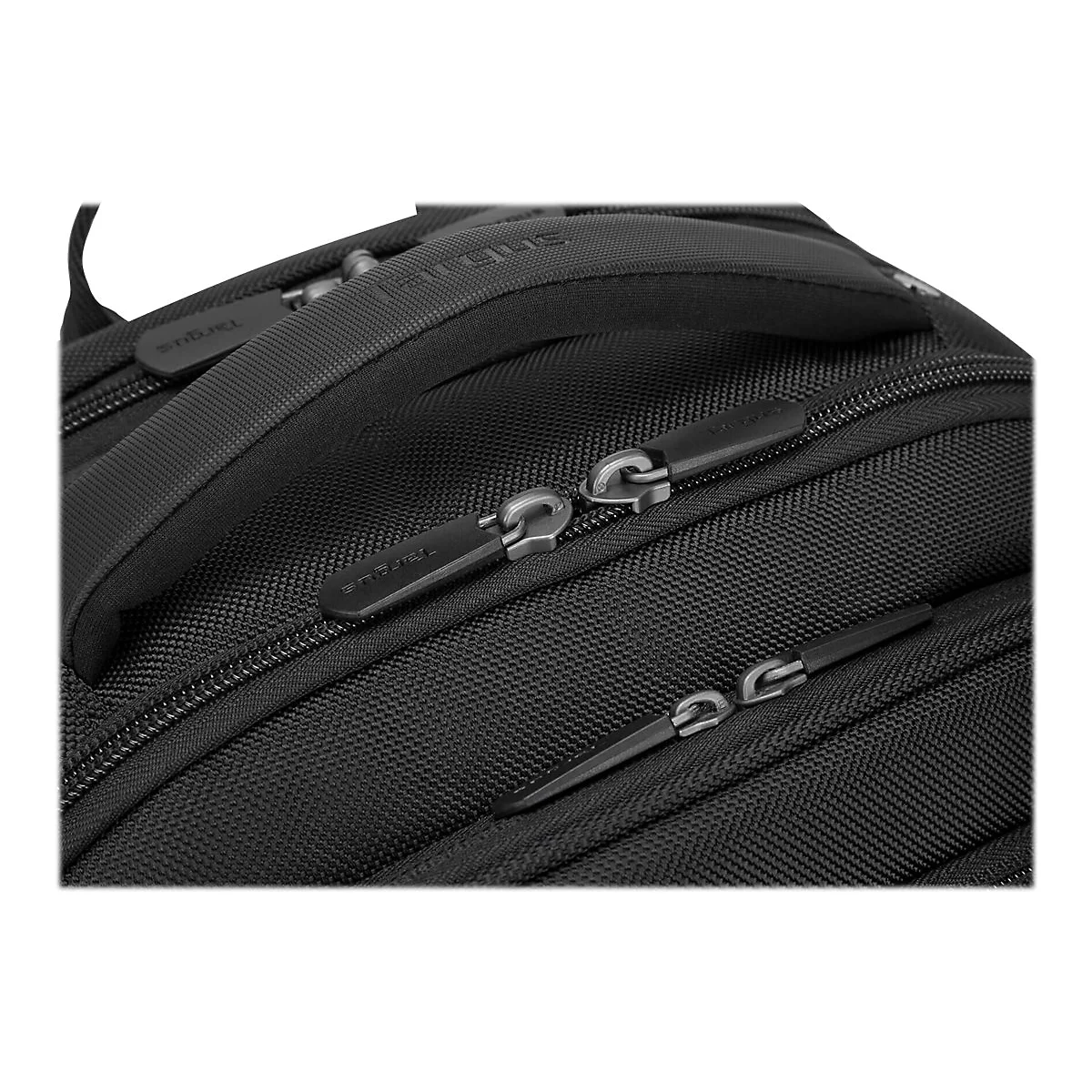 Nahaufnahme einer schwarzen Laptop-Tasche mit ReiÃŸverschlÃ¼ssen und einem Griff.