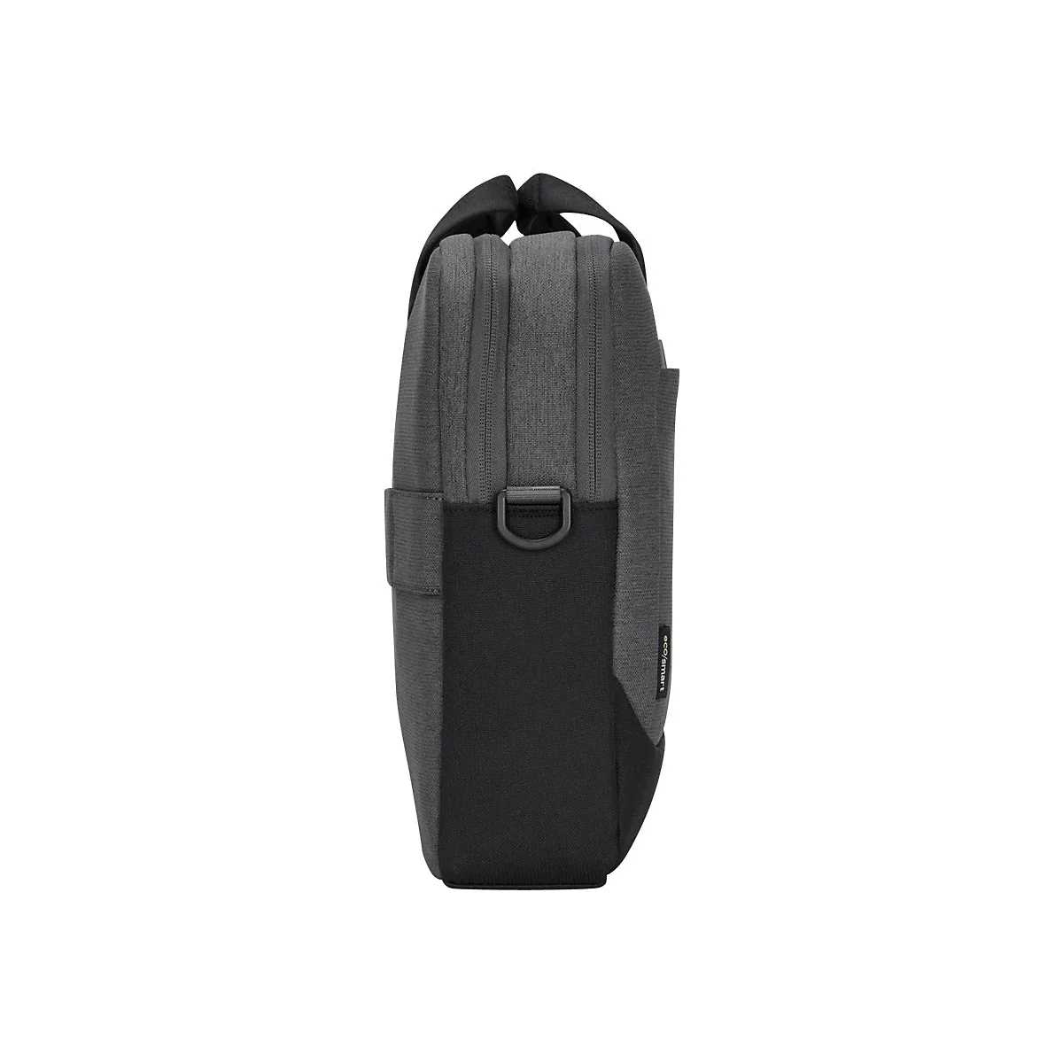 Dunkelgraue Laptoptasche in Seitenansicht, mit schwarzem Tragegriff und Akzenten.