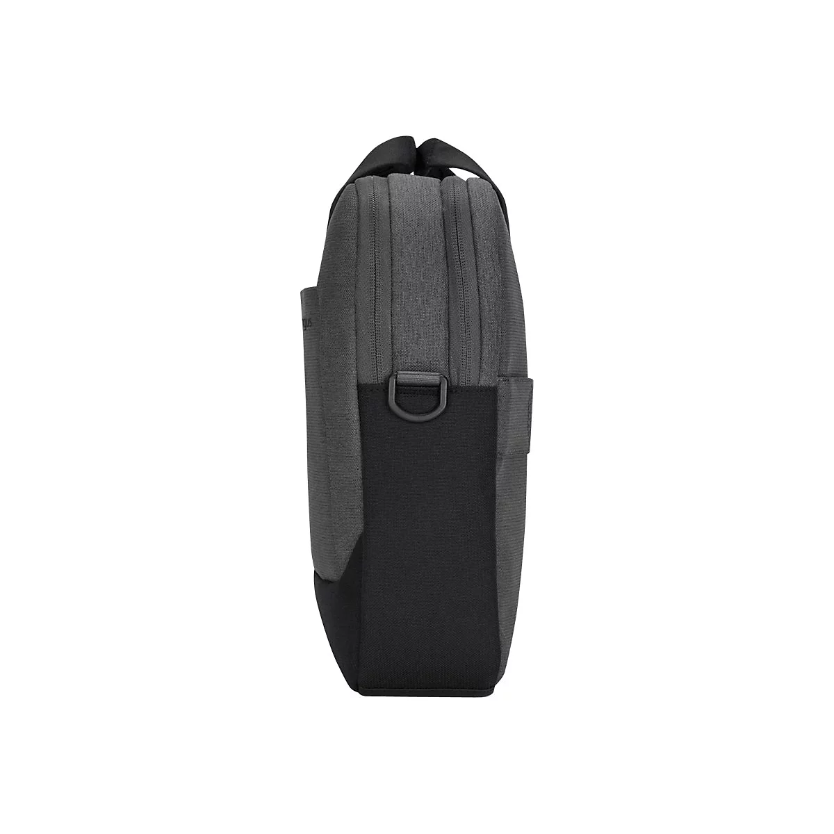 Graue Laptoptasche mit schwarzem Griff und D-Ring. Ansicht von der Seite vor weißem Hintergrund.