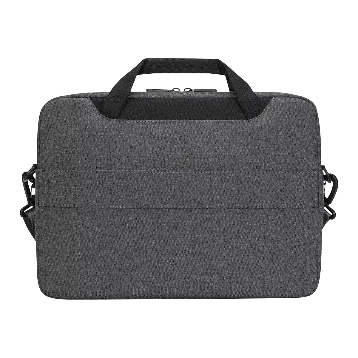 Sacoche pour ordinateur portable gris foncé avec poignée et bandoulière.