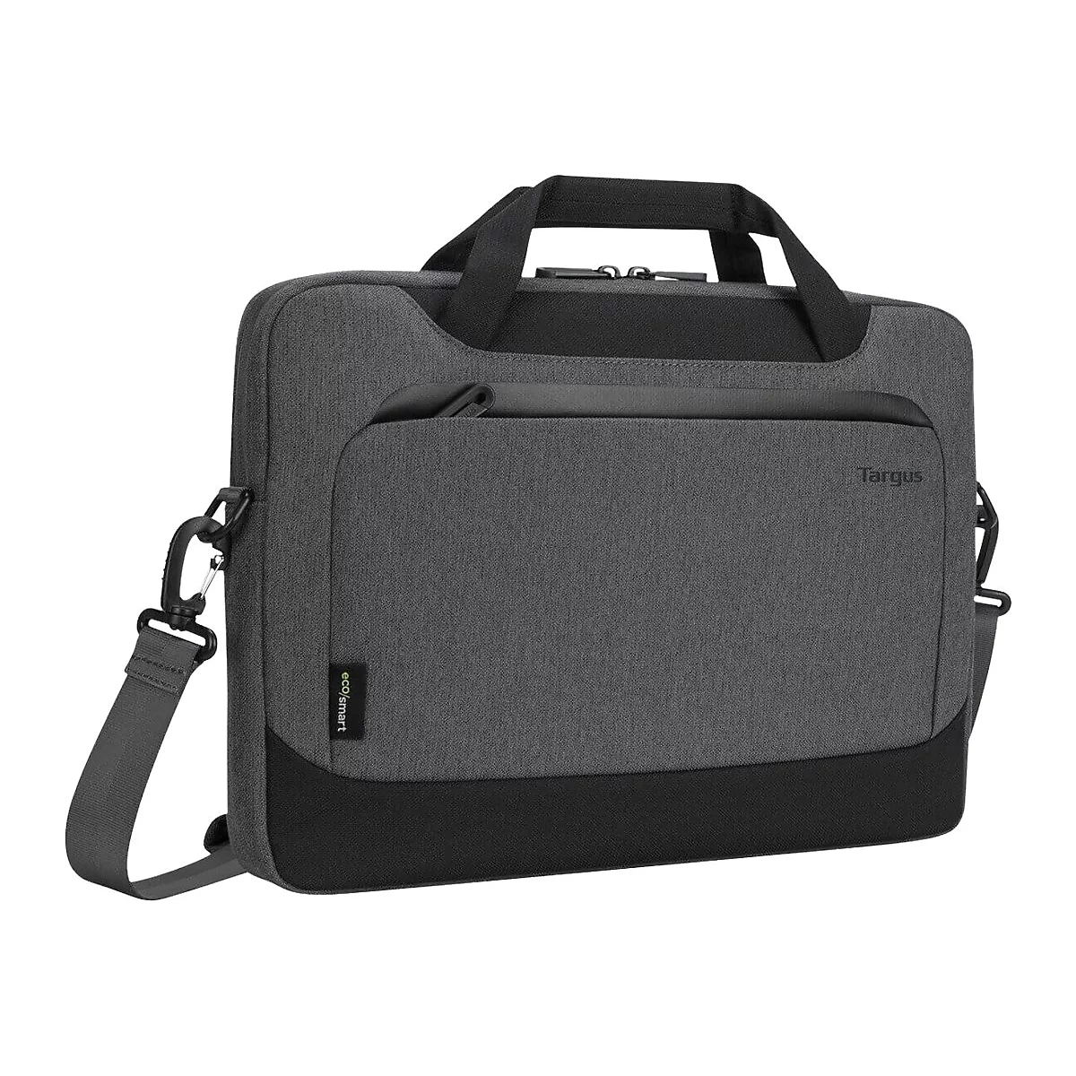 Sacoche pour ordinateur portable gris foncé avec poignée et bandoulière. Le sac porte les mentions "Targus" et "eco/smart".