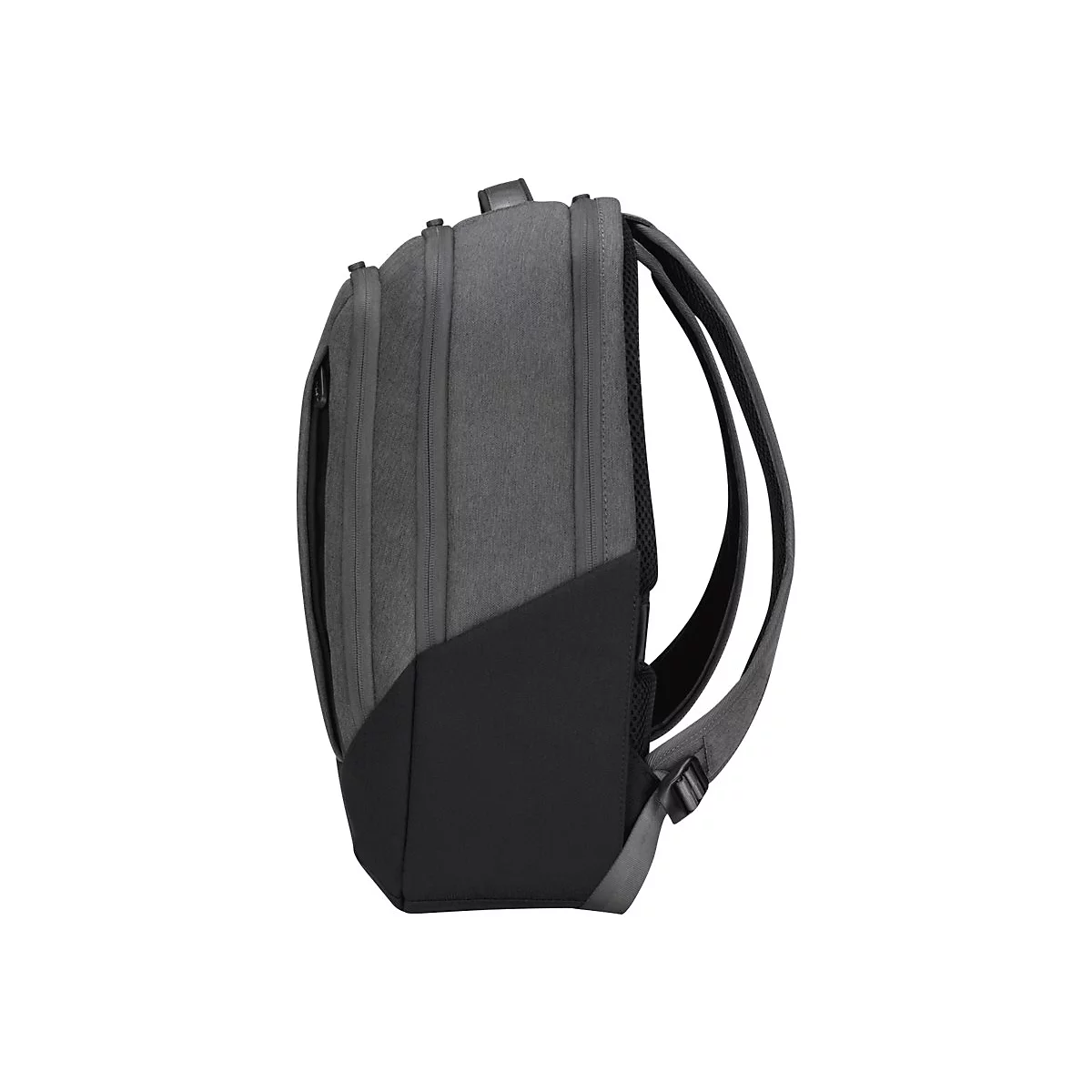 Grauer Rucksack im Profil, mit schwarzen Akzenten und Schultergurten.