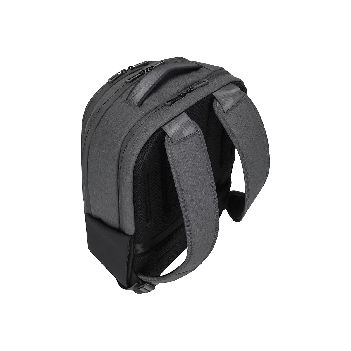 Dunkelgrauer Rucksack, leicht schräg von hinten fotografiert. Oben zwei Tragegriffe, gepolsterte Gurte, atmungsaktive Rückenpolsterung.