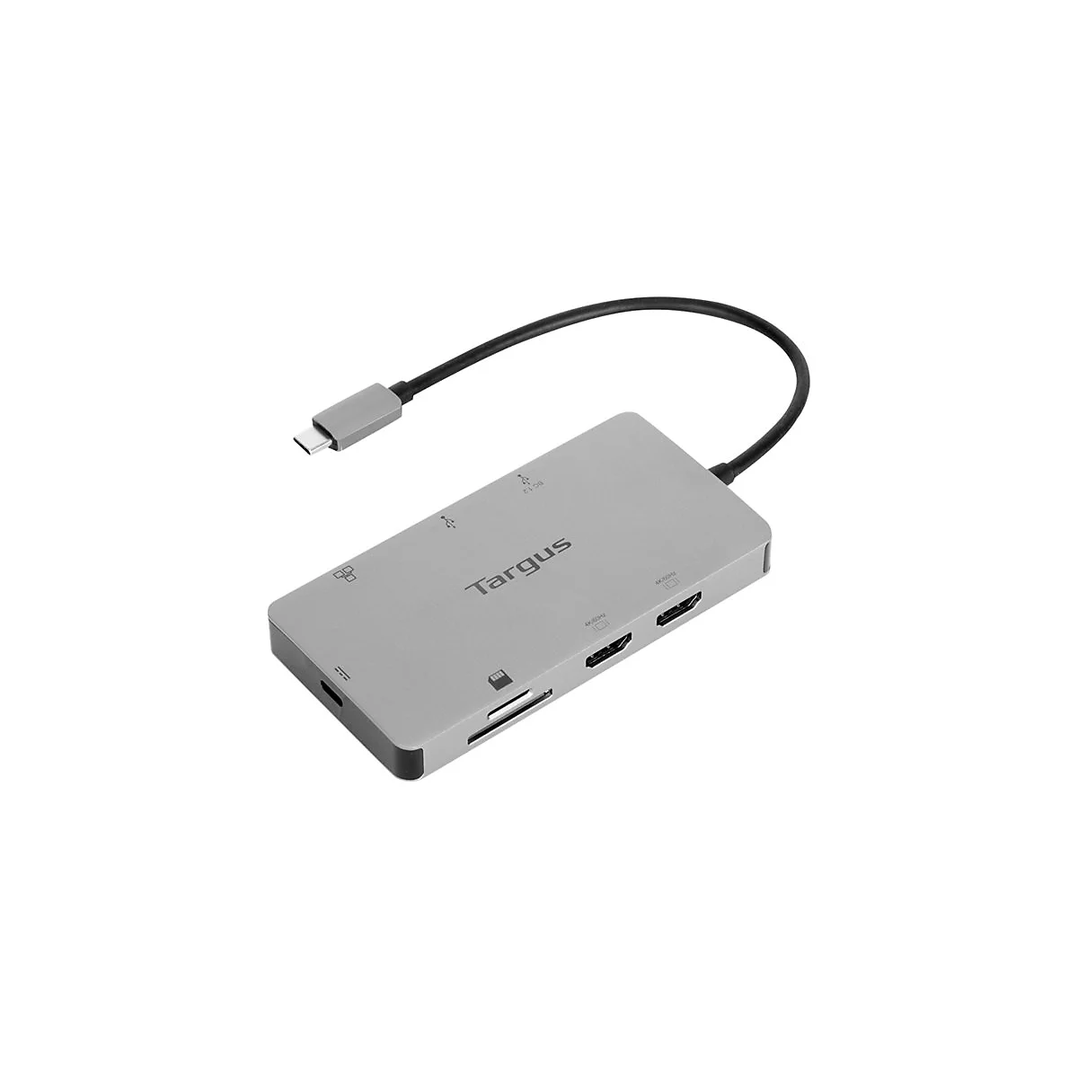 Grauer Targus USB-C-Hub mit schwarzem Kabel. Der Hub hat verschiedene AnschlÃ¼sse, einschlieÃŸlich HDMI und USB.