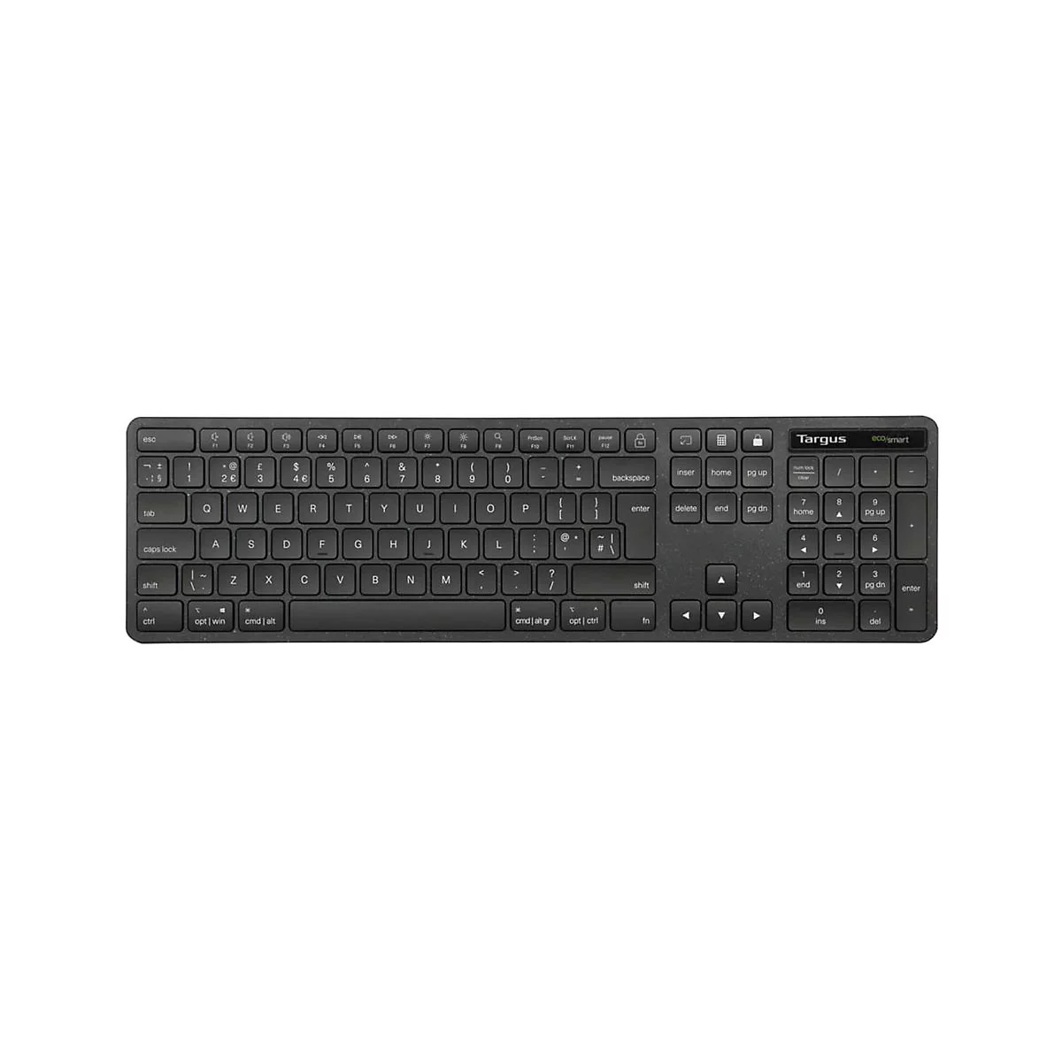 Clavier Targus noir avec lettres et chiffres blancs. Logo EcoSmart en haut à droite.