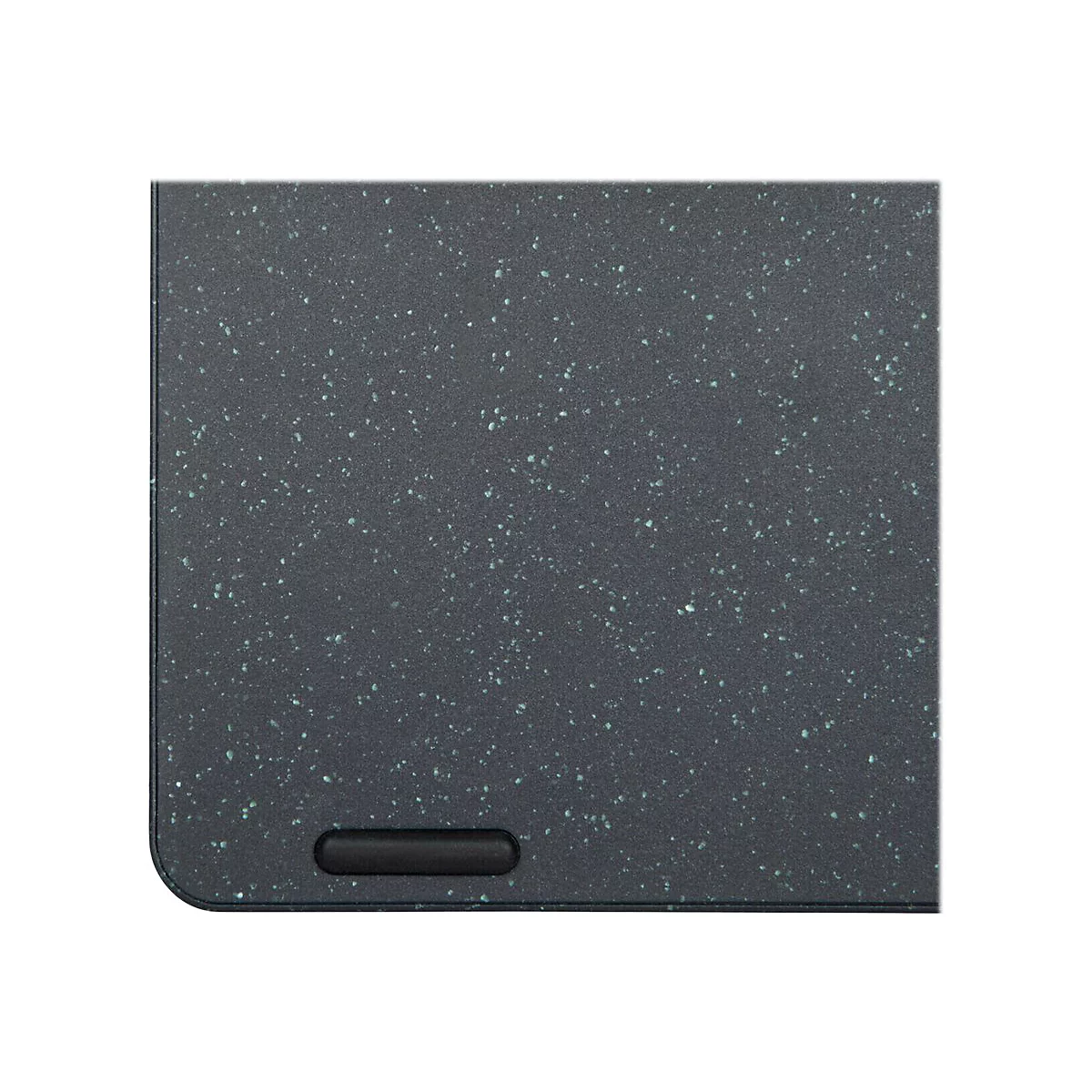 Gros plan d'une surface sombre et texturée avec des points vert clair. En bas, un élément ovale noir.