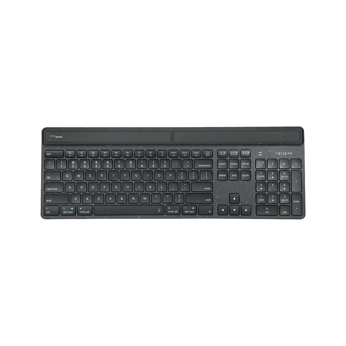 Vue aérienne d'un clavier noir avec de nombreuses touches, dont des lettres, des chiffres et des touches de fonction. "eco/smart" est en haut à gauche et "Targus" est à droite.