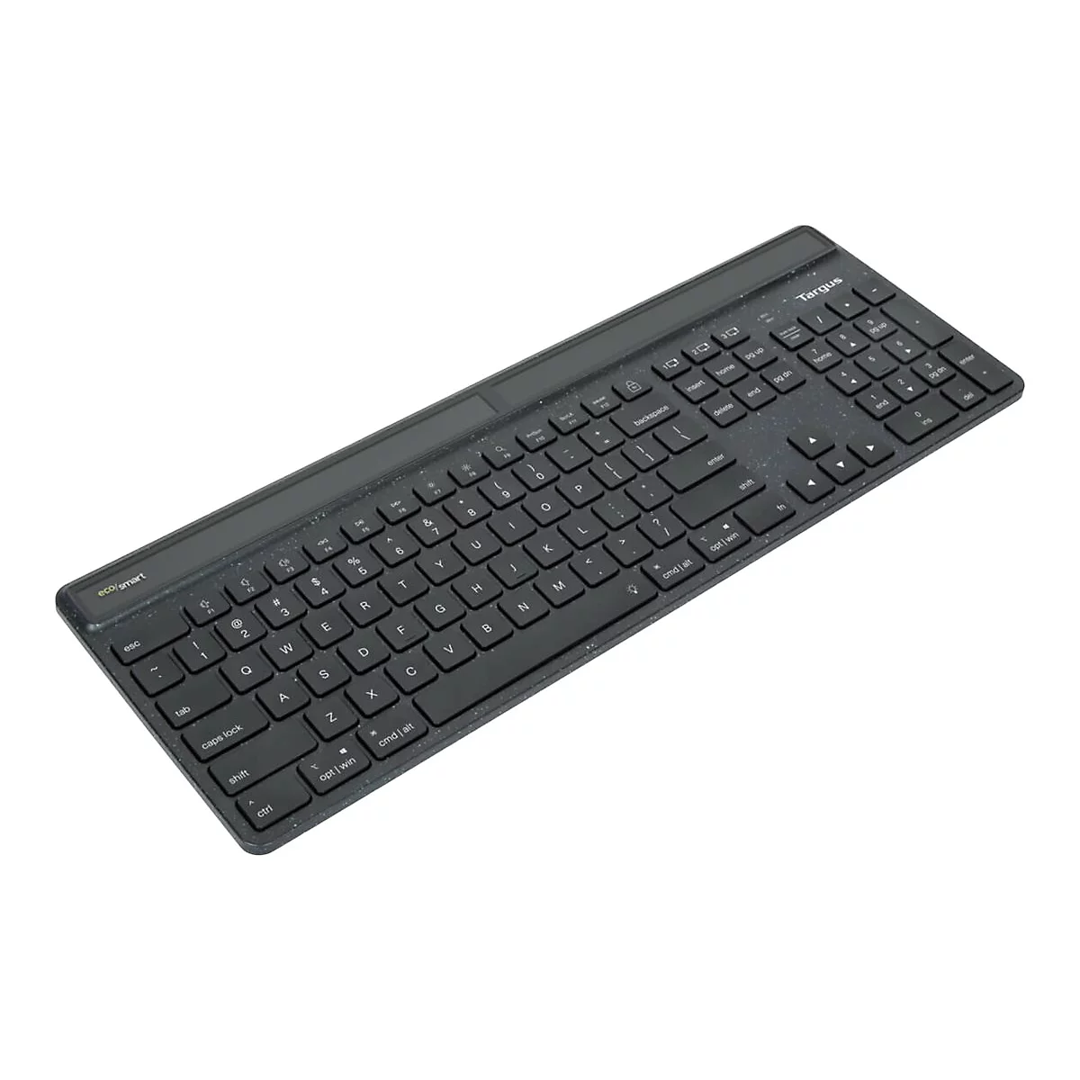 Clavier noir Targus en biais sur fond blanc. Texte sur les touches : eco/smart, Ctrl, Shift, Tab, Caps Lock, Alt, Win.