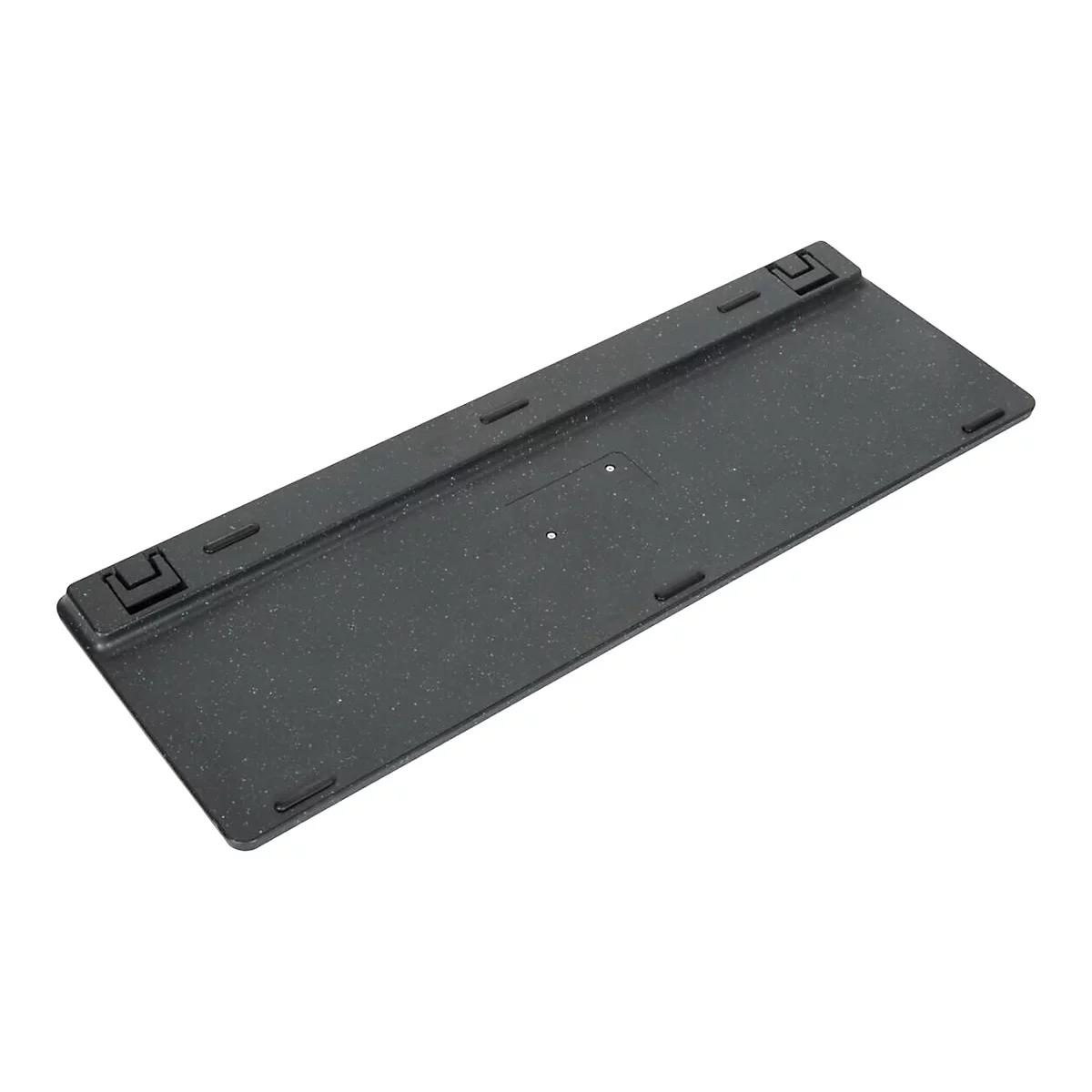 Vue de dessus du dessous d'un clavier noir. De petits points clairs sont dispersés sur la surface.