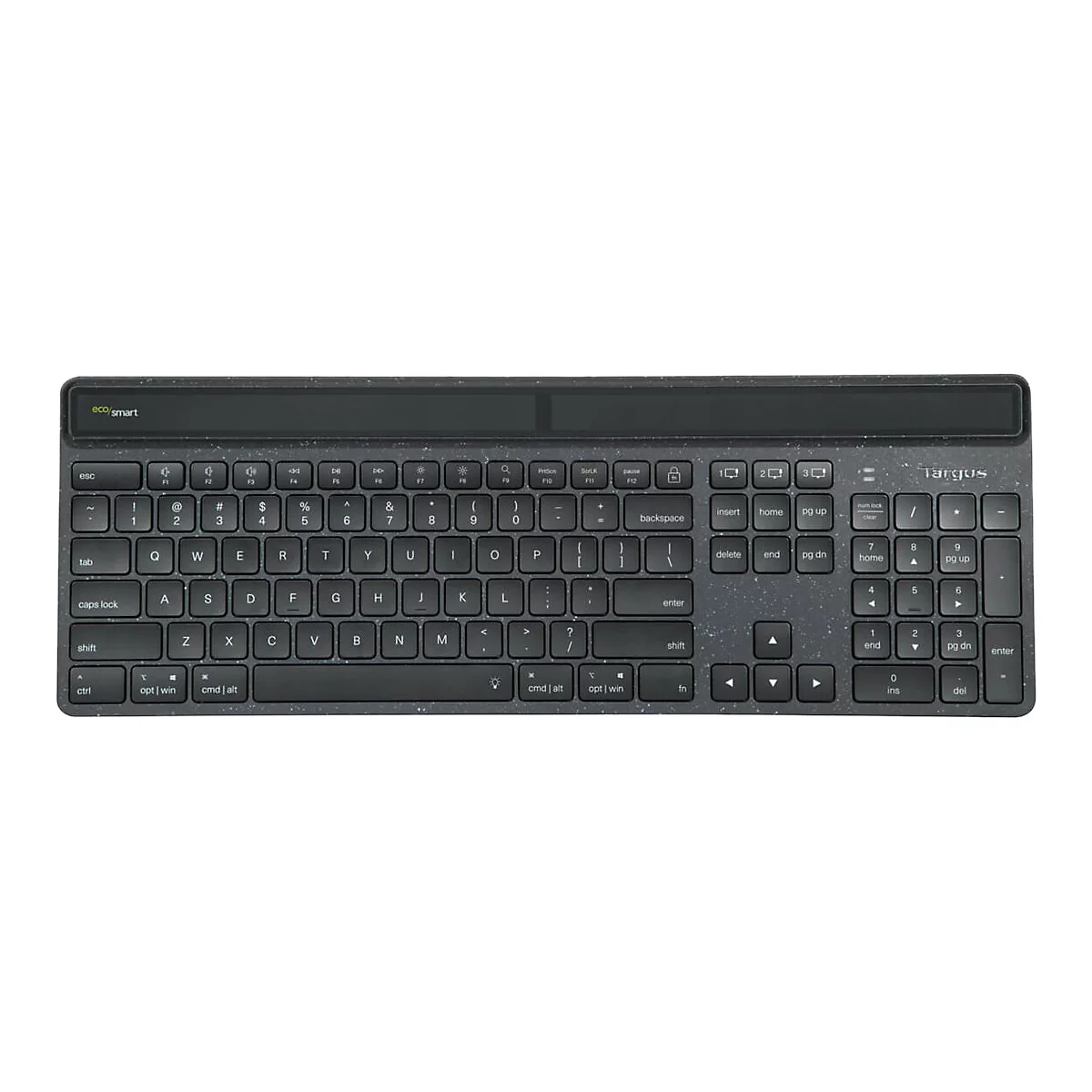 Vue de dessus d'un clavier noir avec des étiquettes de touches blanches. Le logo Targus est visible dans le coin supérieur droit.