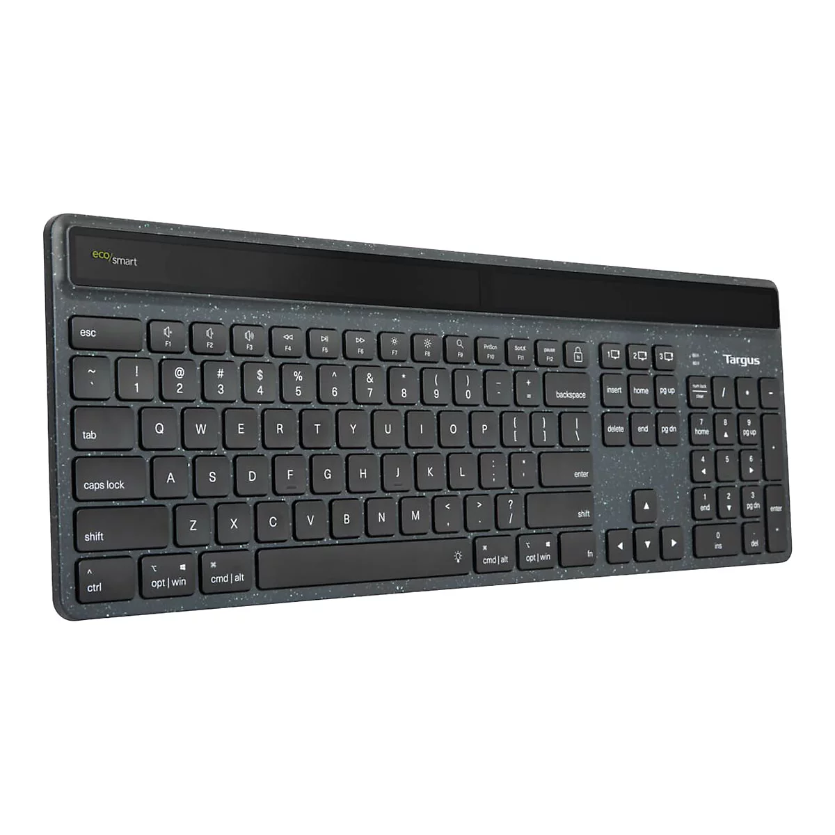 Vue de dessus d'un clavier Targus sans fil, gris anthracite avec des points blancs, sur fond blanc.
