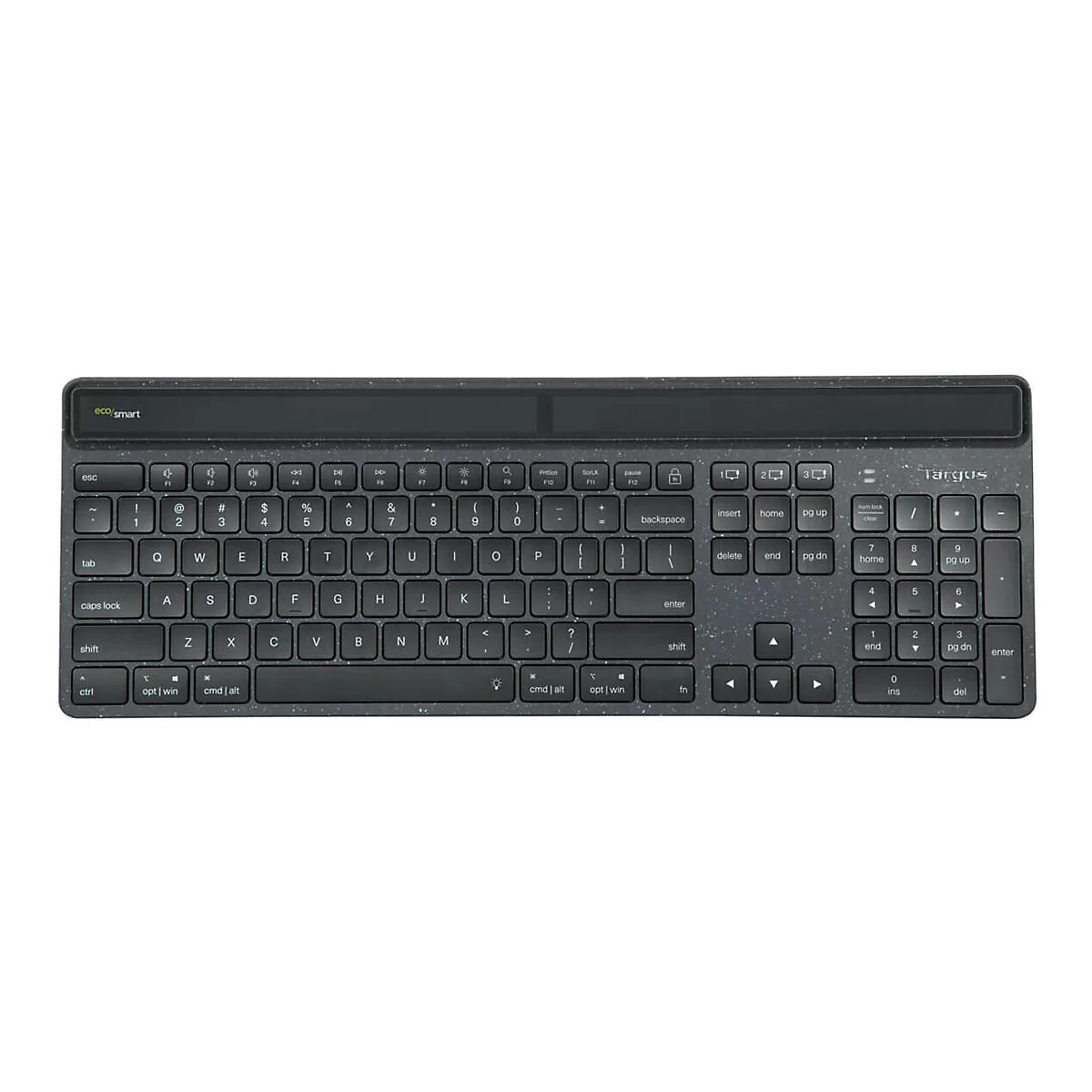 Draufsicht einer schwarzen Tastatur mit nummerischem Tastenfeld, Logo und HandgelenkstÃ¼tze.