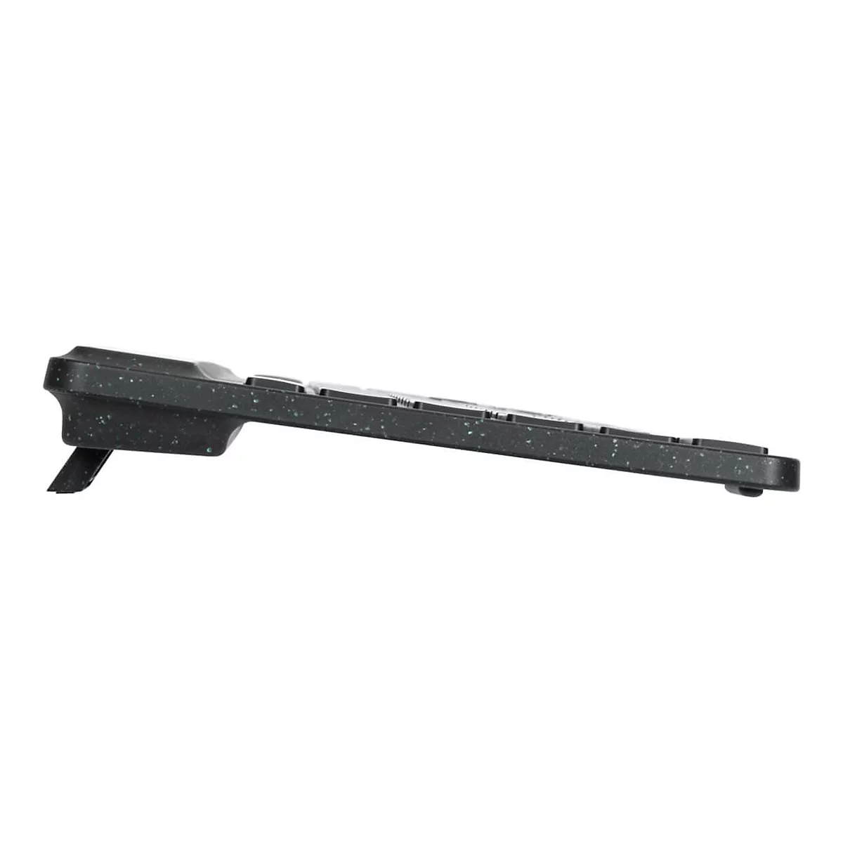 Draufsicht auf eine schwarze Tastatur mit weiÃŸen Tasten, die leicht angewinkelt ist, um das Tippen zu erleichtern.