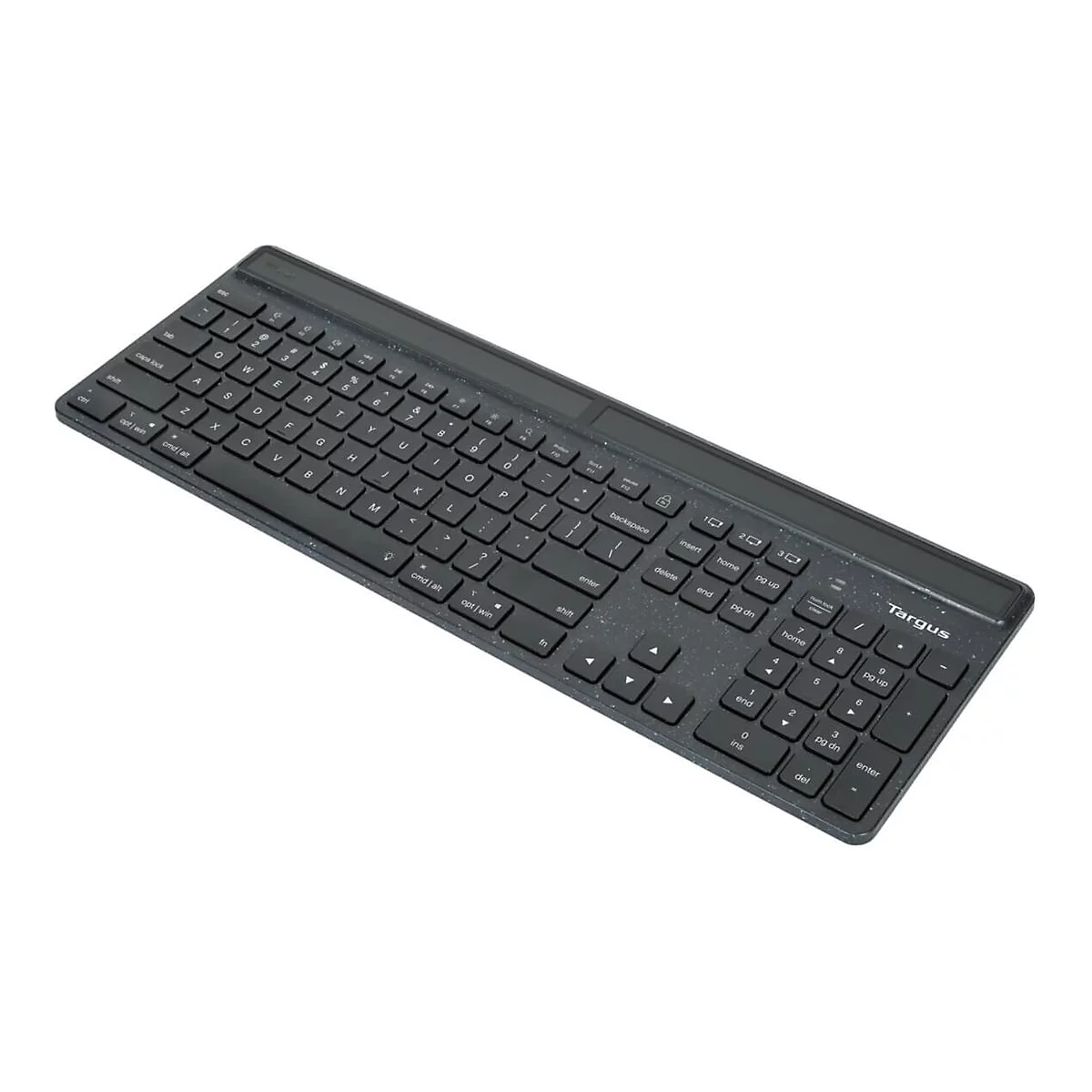 Schwarze Tastatur mit weißen Tasten, die diagononal auf weißem Hintergrund liegt.