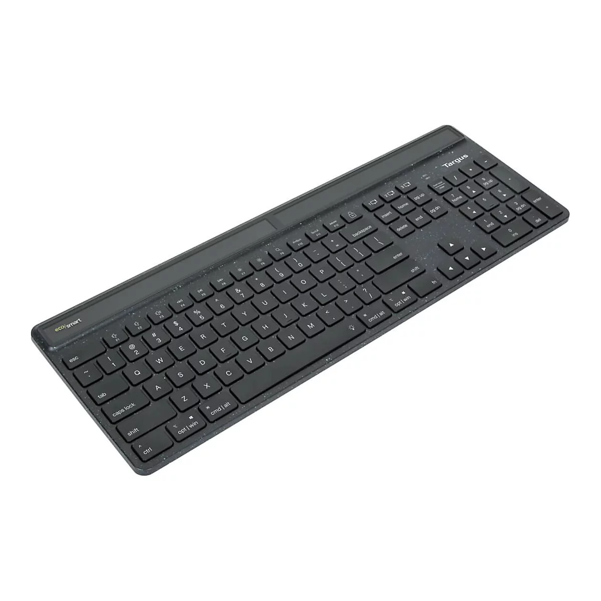 Schwarze Targus-Tastatur, leicht schräg von oben fotografiert. Tastenbeschriftung weiß, Eco Smart Schriftzug.