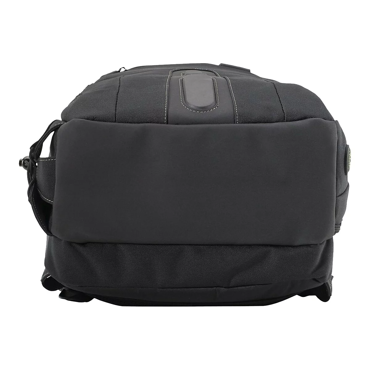 Schwarzer Rucksack, von unten fotografiert. Oben ist ein Griff mit grauem Einsatz zu sehen. Die Tasche hat eine glatte und eine strukturierte Oberfläche.