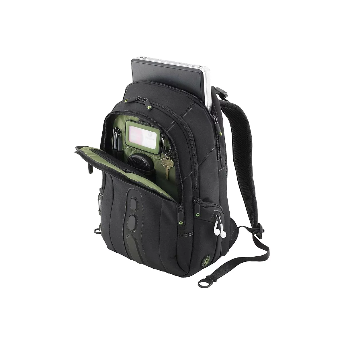Schwarzer Rucksack mit geöffneten Fächern. Ein Laptop steckt in einem Fach, weitere Gegenstände wie Schlüssel, Stifte und Kopfhörer sind sichtbar.