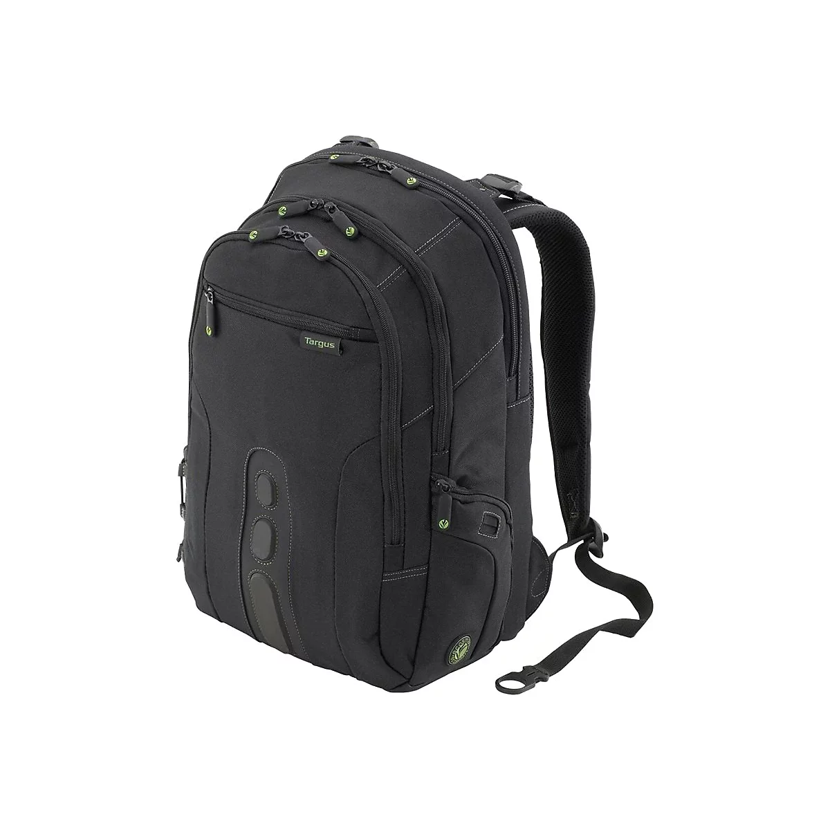 Schwarzer Rucksack, Targus-Logo, grüne Reißverschlüsse, gepolsterte Träger, auf weißem Hintergrund.