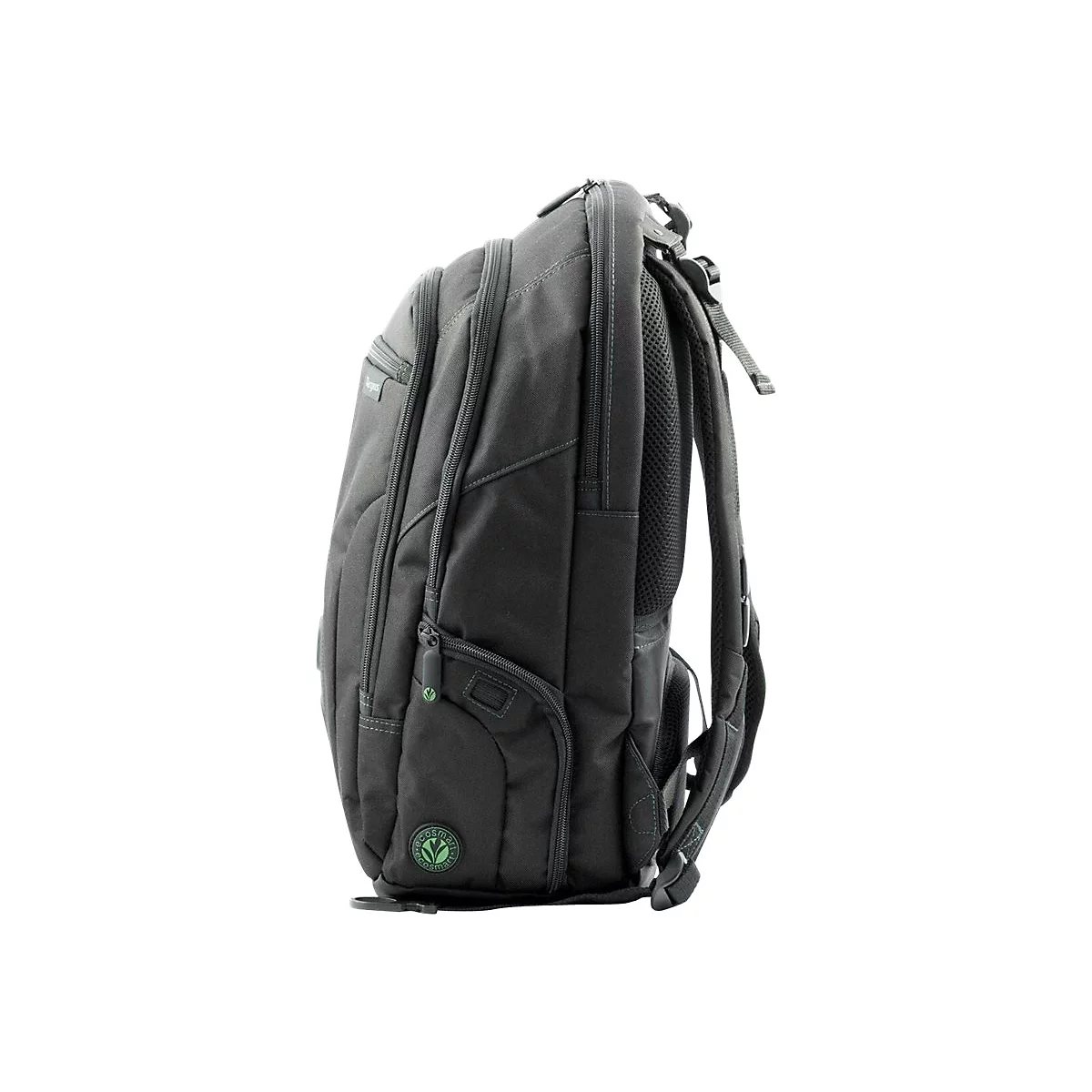 Schwarzer Rucksack, Seitenansicht, Details: Reißverschlüsse, gepolsterte Träger, Logo.