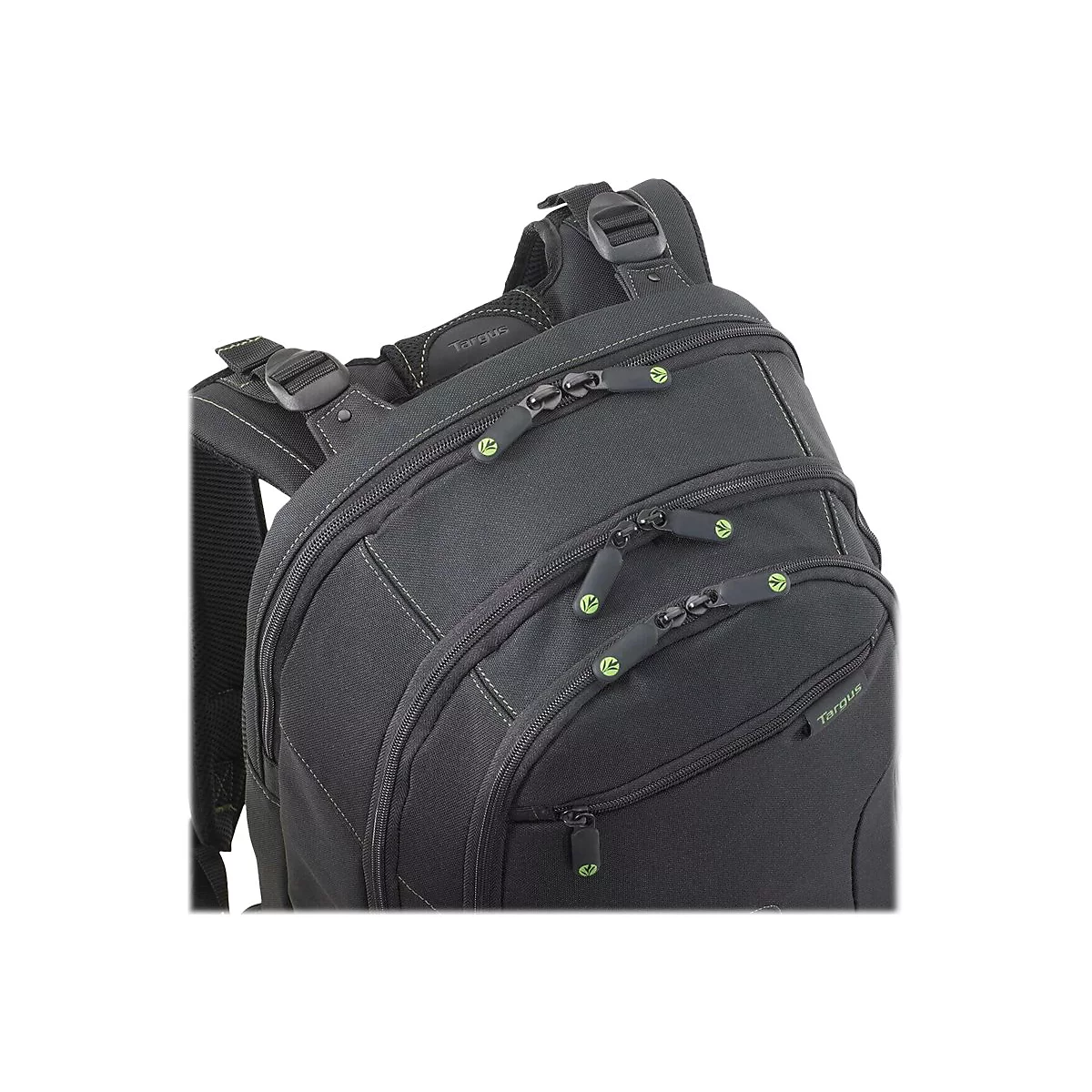 Schwarzer Rucksack mit grünen Reißverschlüssen und Details. Marke Targus ist sichtbar.