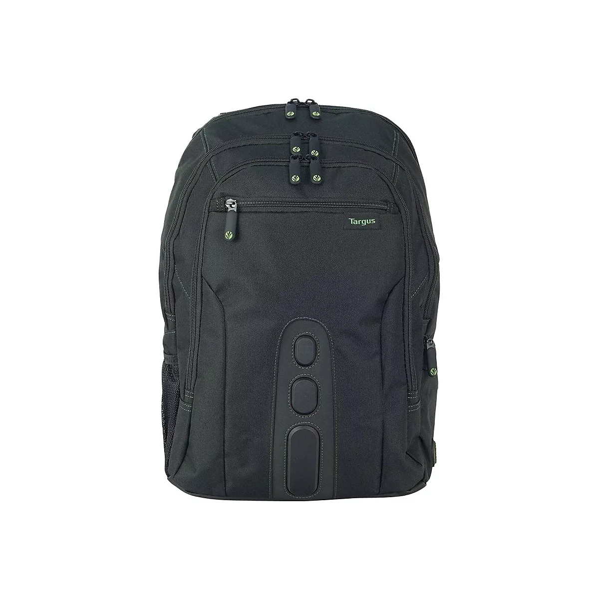 Schwarzer Rucksack von Targus, mit Reißverschlüssen und drei senkrechten Designelementen.