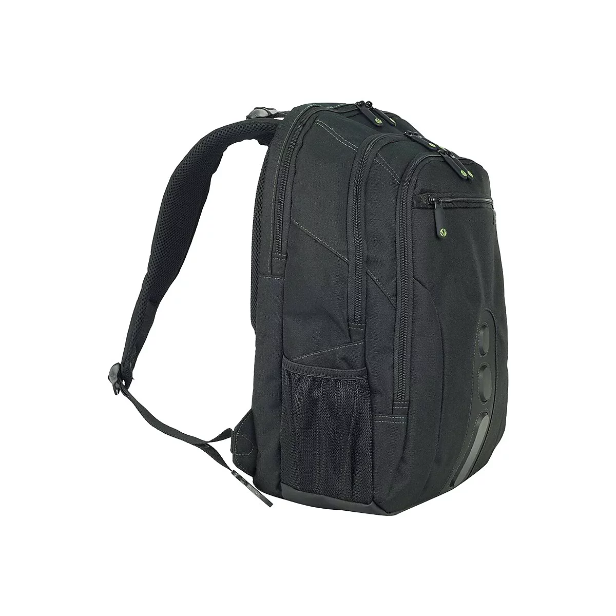 Schwarzer Rucksack mit mehreren Fächern und Reißverschlüssen, vor weißem Hintergrund.